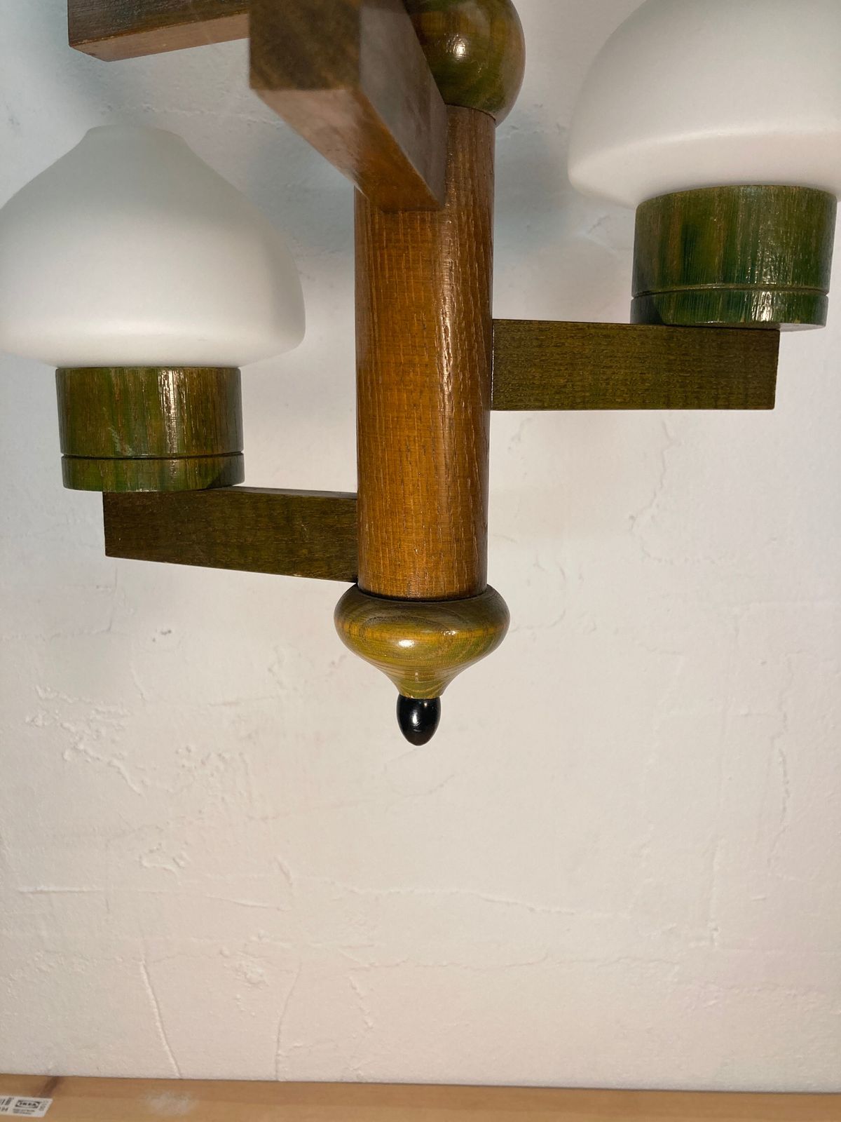 Midcentury Scandinavian Wood And Opaline Glass Hanging Pendant photo vinterior