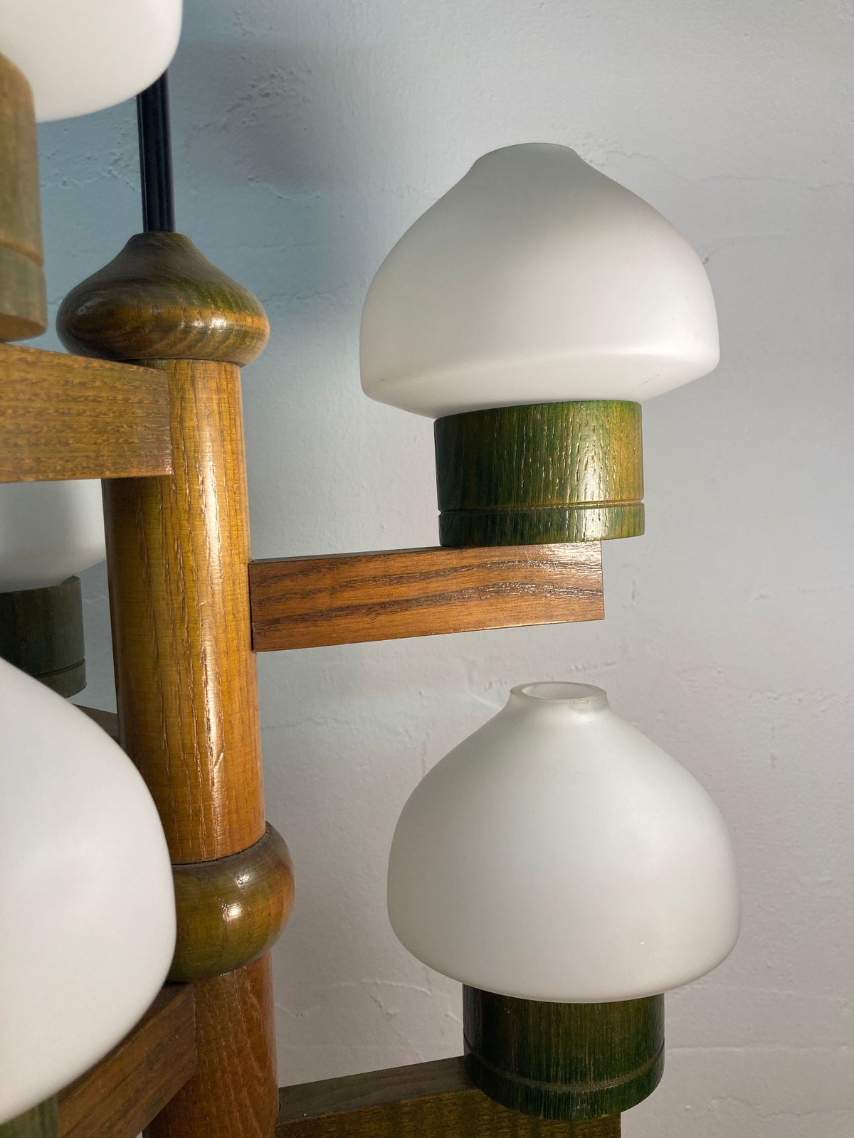 Midcentury Scandinavian Wood And Opaline Glass Hanging Pendant photo vintage