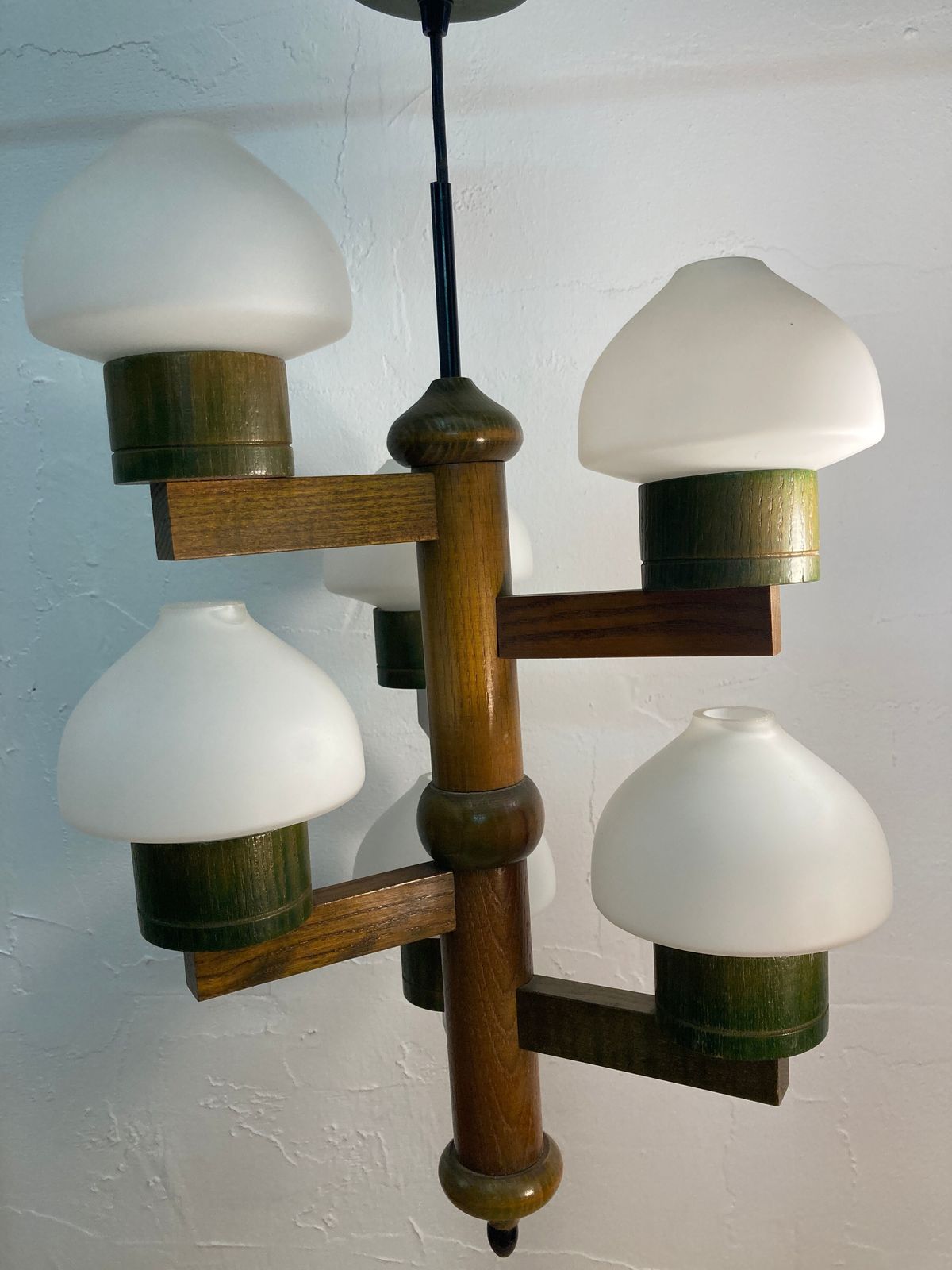 photo furniture Midcentury Scandinavian Wood And Opaline Glass Hanging Pendant