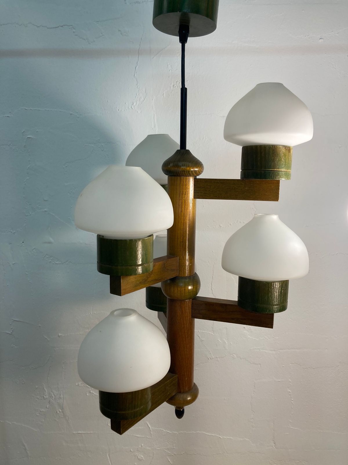 photo for sale Midcentury Scandinavian Wood And Opaline Glass Hanging Pendant