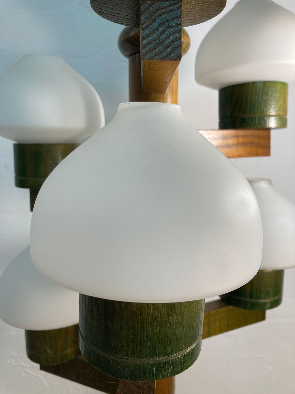 photo vinterior Midcentury Scandinavian Wood And Opaline Glass Hanging Pendant