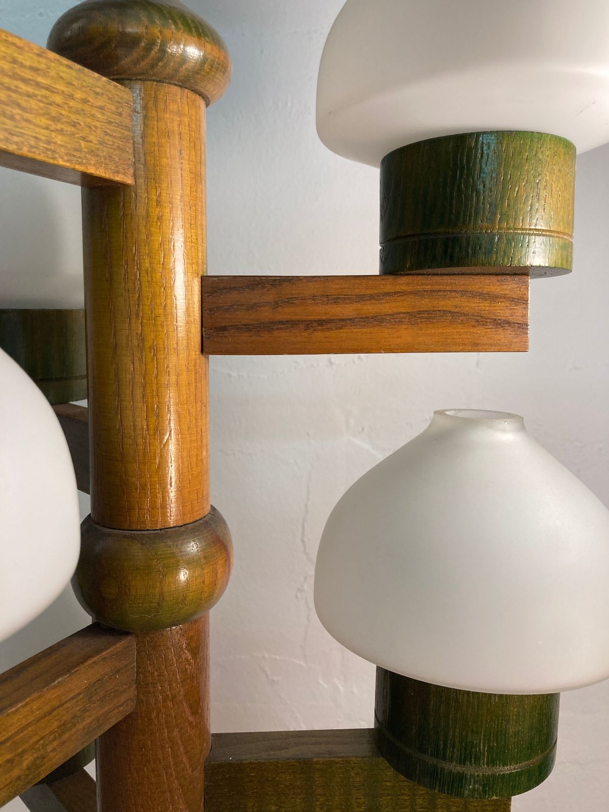 photo vintage Midcentury Scandinavian Wood And Opaline Glass Hanging Pendant