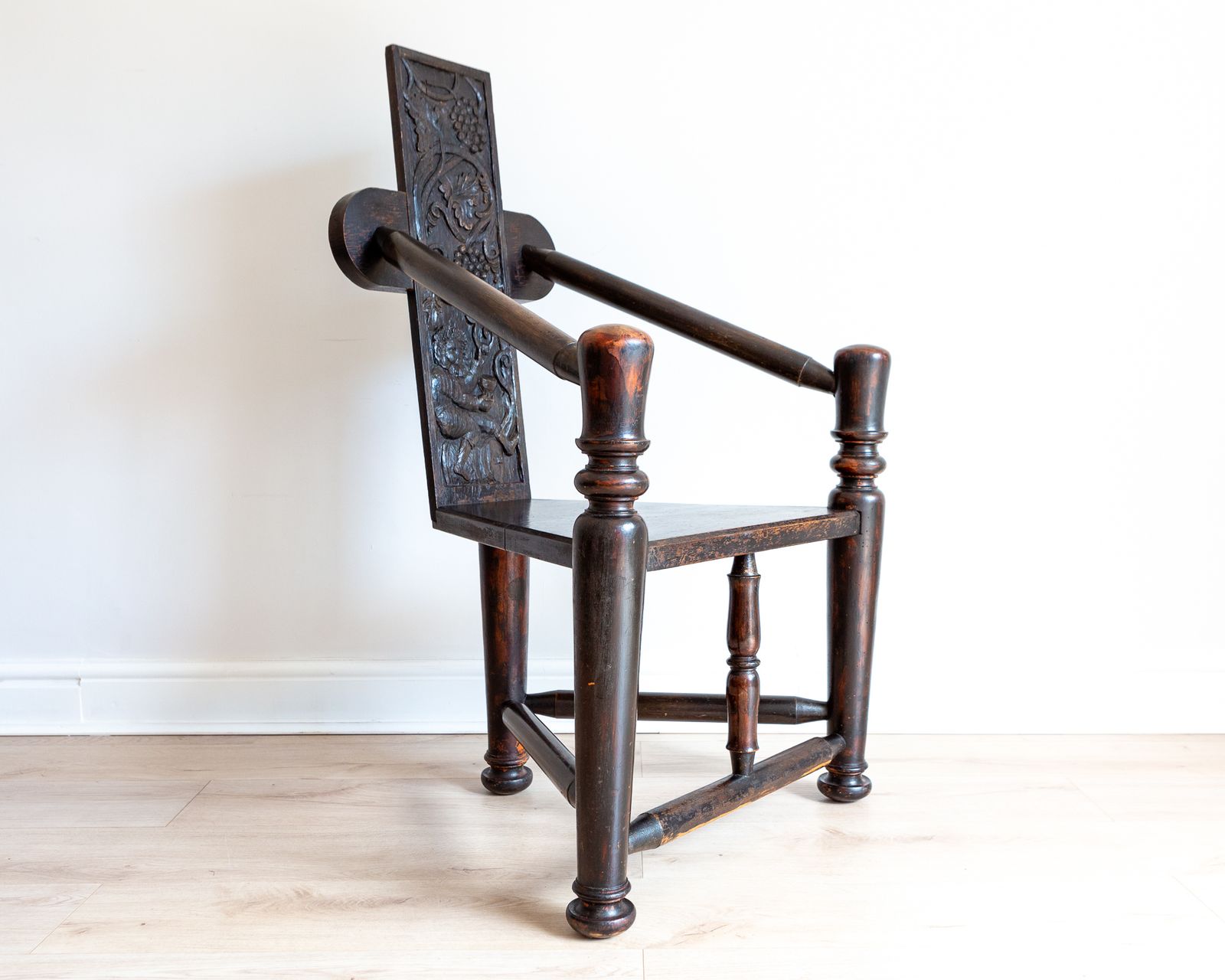 Unique 18th Century Tall Back Carved Turner’s Chair Lacquered Statement Throne Chair