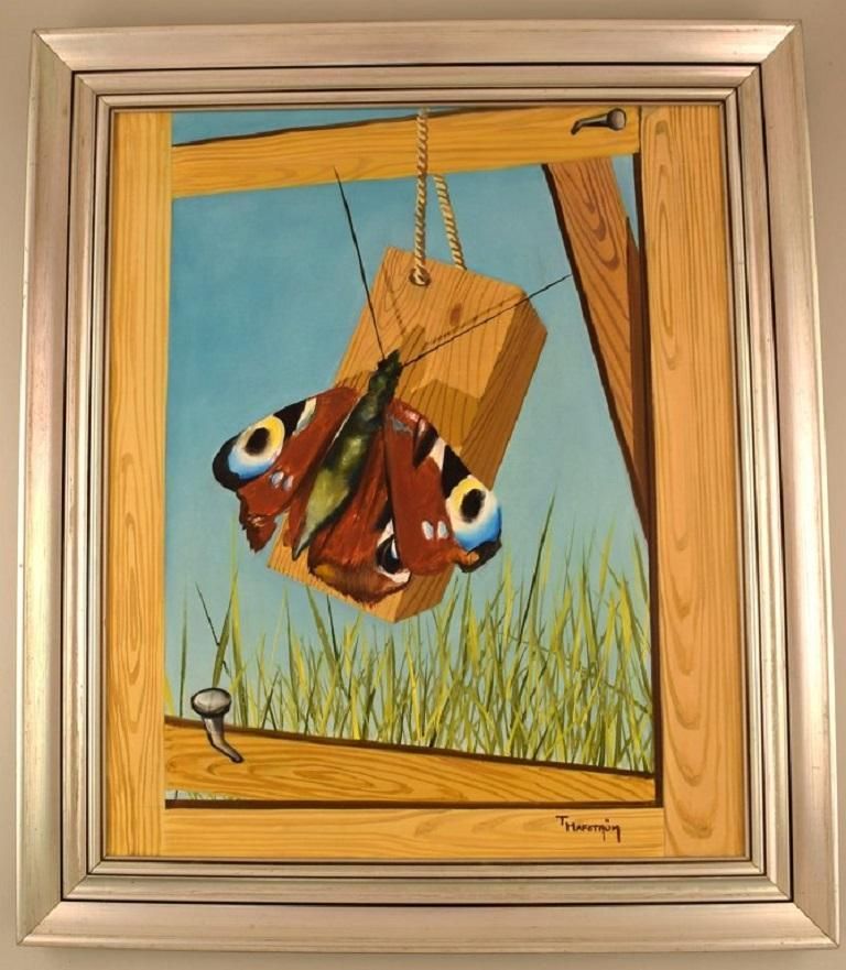 Thomas Hafström (B. 1954), Swedish Artist, Oil On Canvas, Butterfly On Woodwork photo furniture