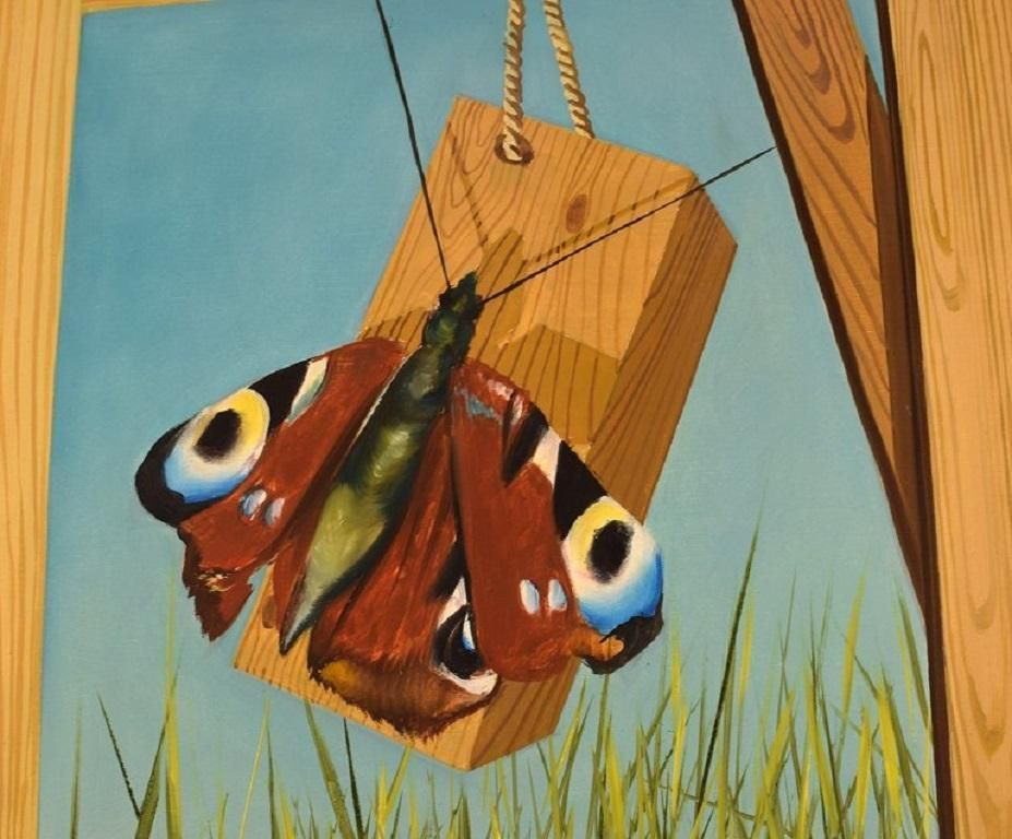 Thomas Hafström (B. 1954), Swedish Artist, Oil On Canvas, Butterfly On Woodwork photo for sale