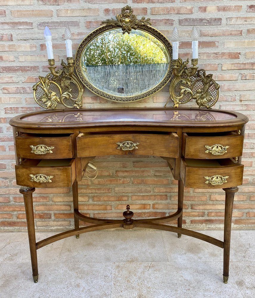 French Walnut And Bronze Dressing Table Or Vanity With Candelabra Arms photo vintage