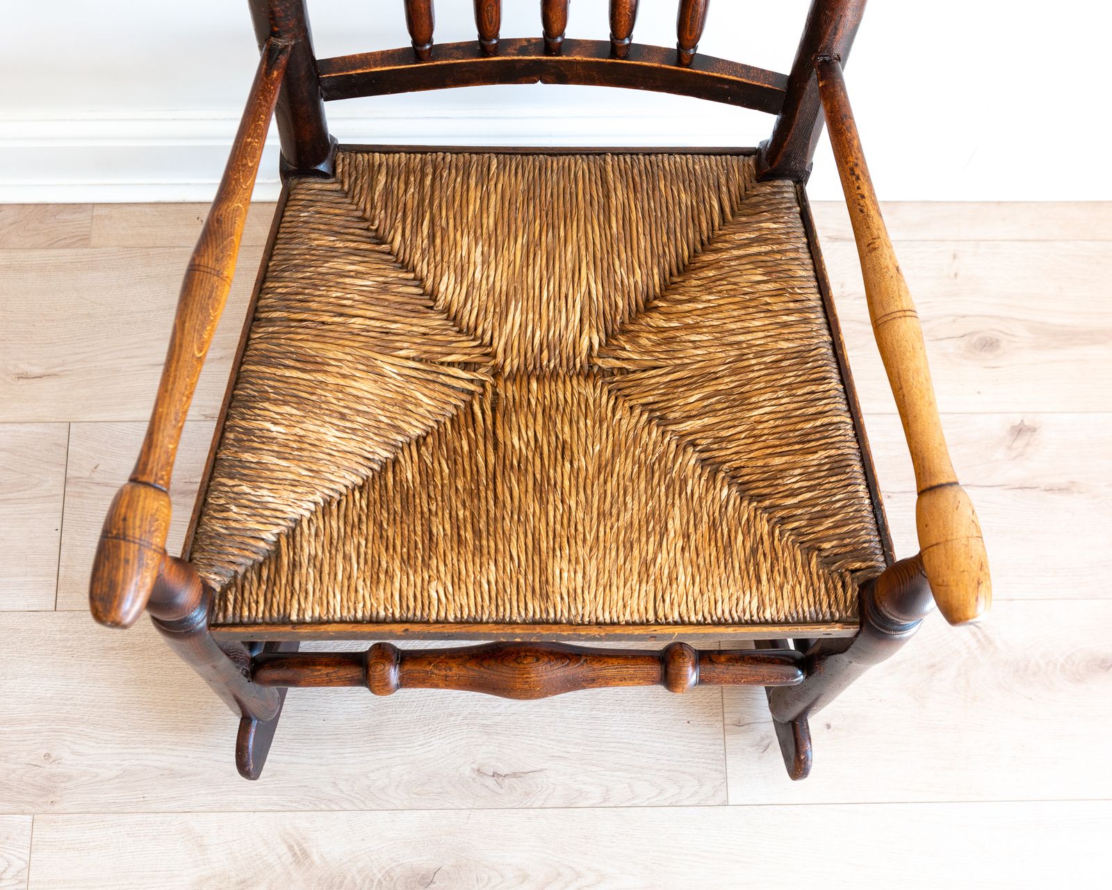 695.0 Georgian Rocking Chair 18th Century English Antiqu.E Lancashire Armchai.R Spindle Back Rush Seat Ash Elm Country Farmhouse Rusti.C photo
