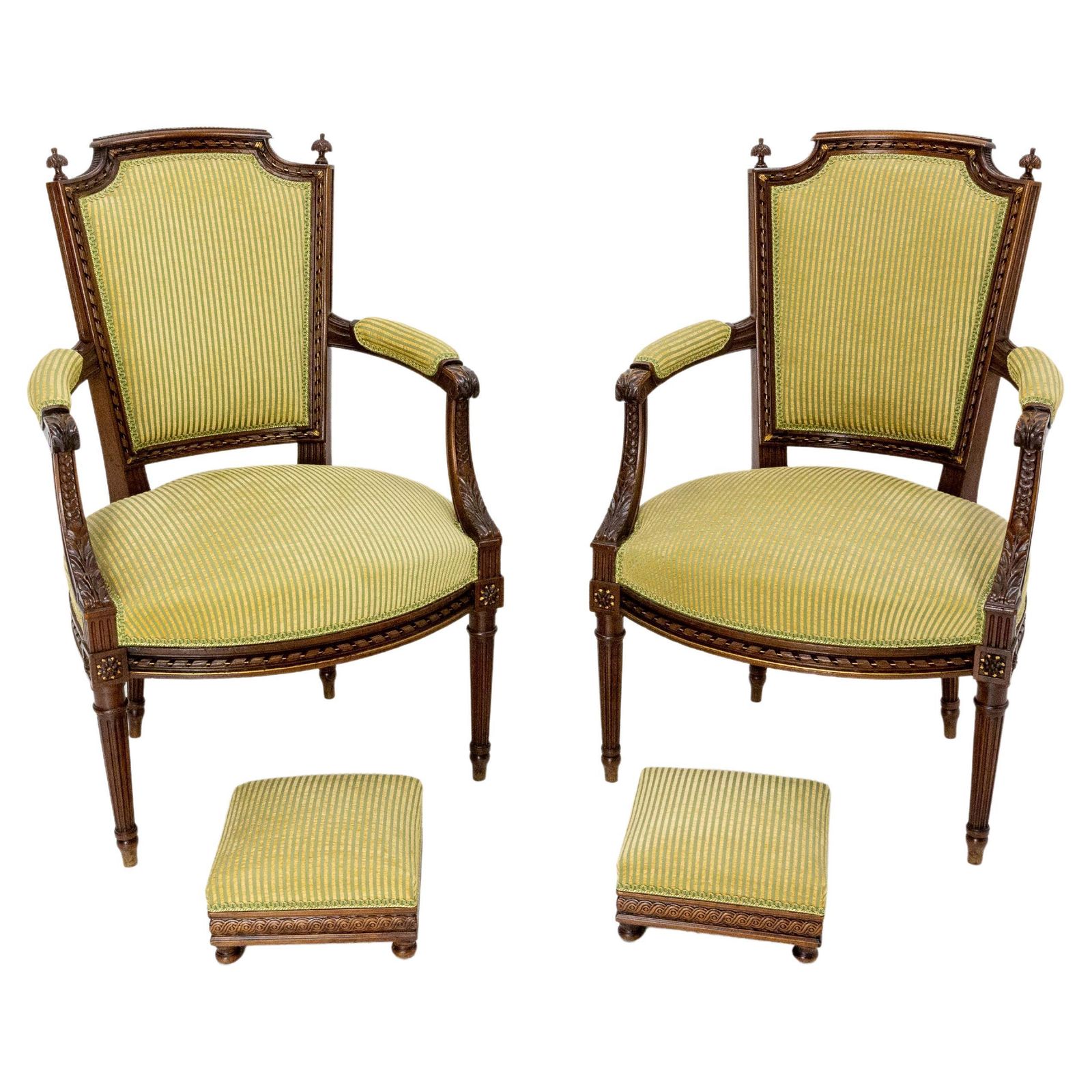Pair Of Louis XVI Revival Open Armchairs French With Footstools, Midcentury
