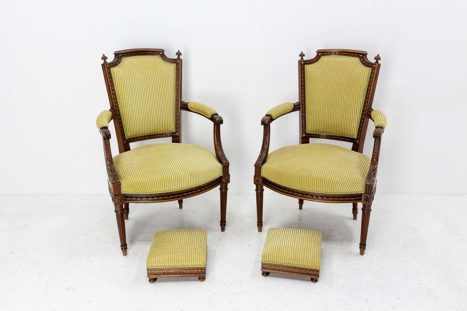 Pair Of Louis XVI Revival Open Armchairs French With Footstools, Midcentury photo furniture