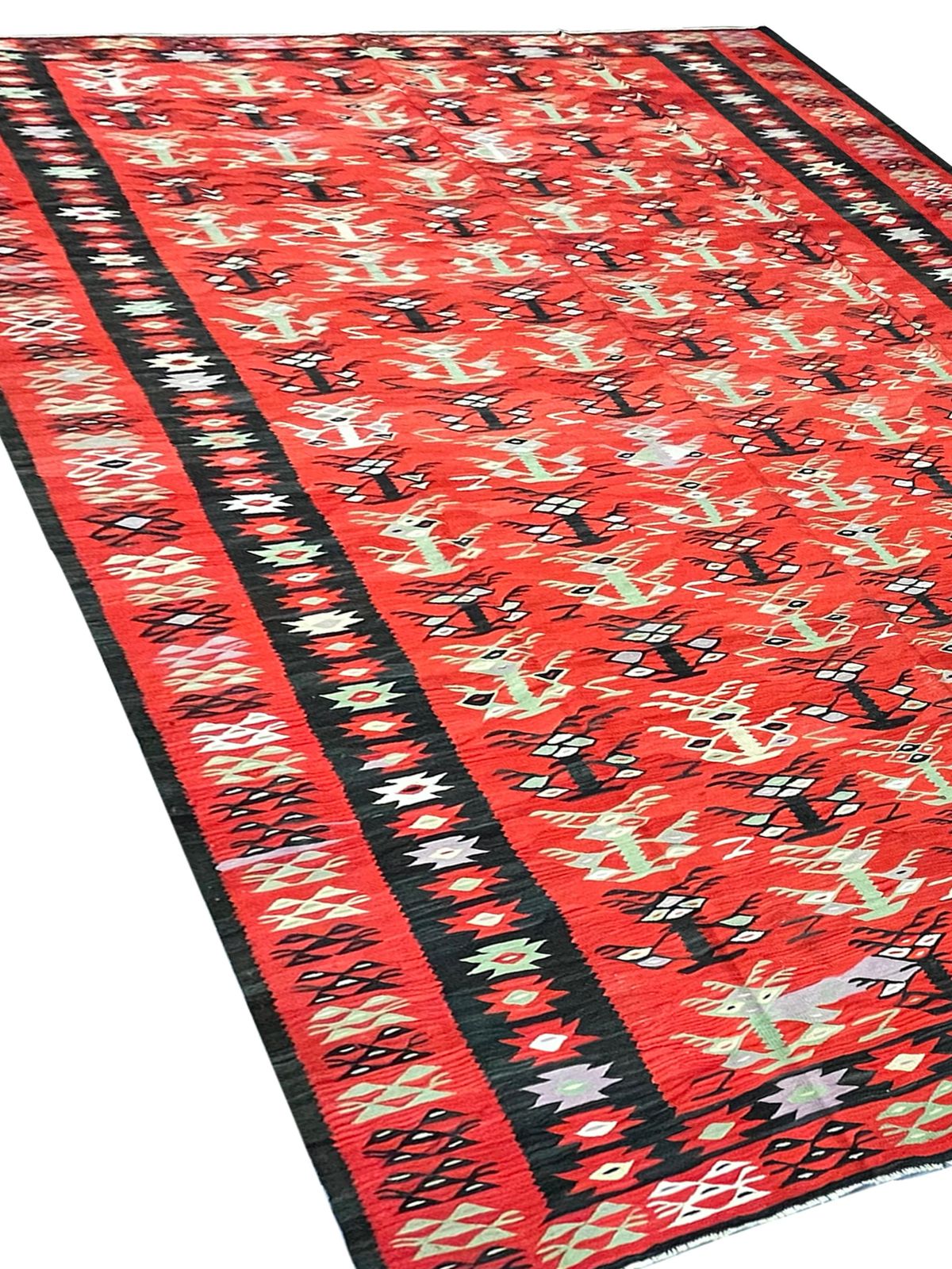 Antique Kilim Rug Turkish Handmade Carpet Flatwoven Red Geometric Rug 375x317cm photo Textiles