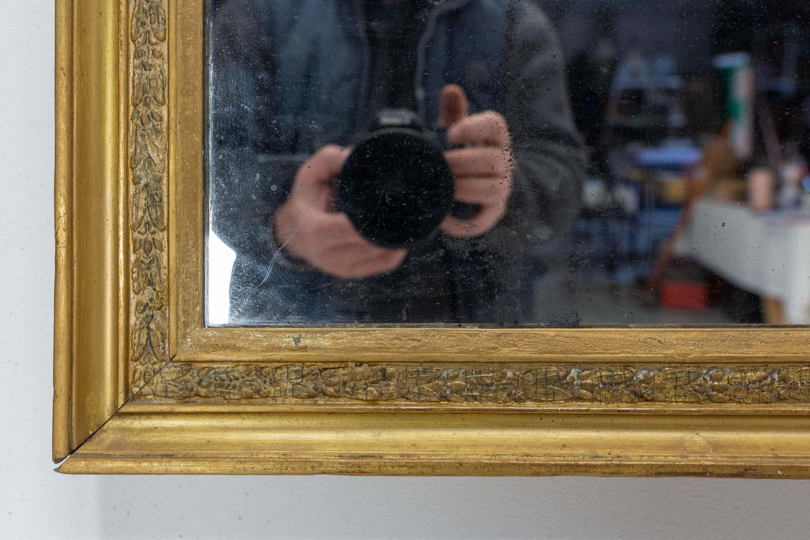 French Golden Frame Stucco Mirror Vegetal Patterns, Early 20th Century photo Home Decor