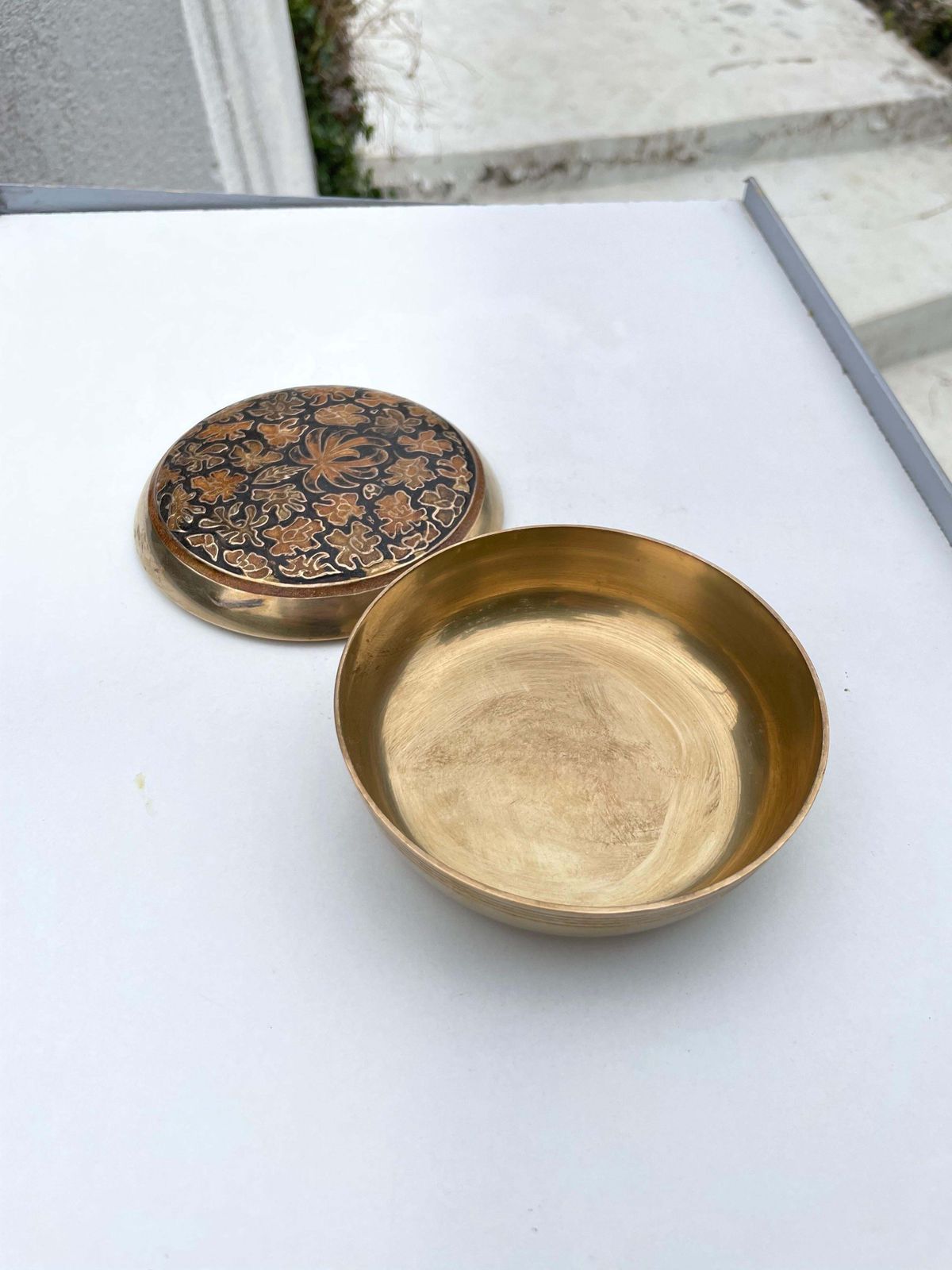 Jewerly, Decorative Brass Box, Old Patina, Pattern Flower,Gold Color France 1970 photo for sale