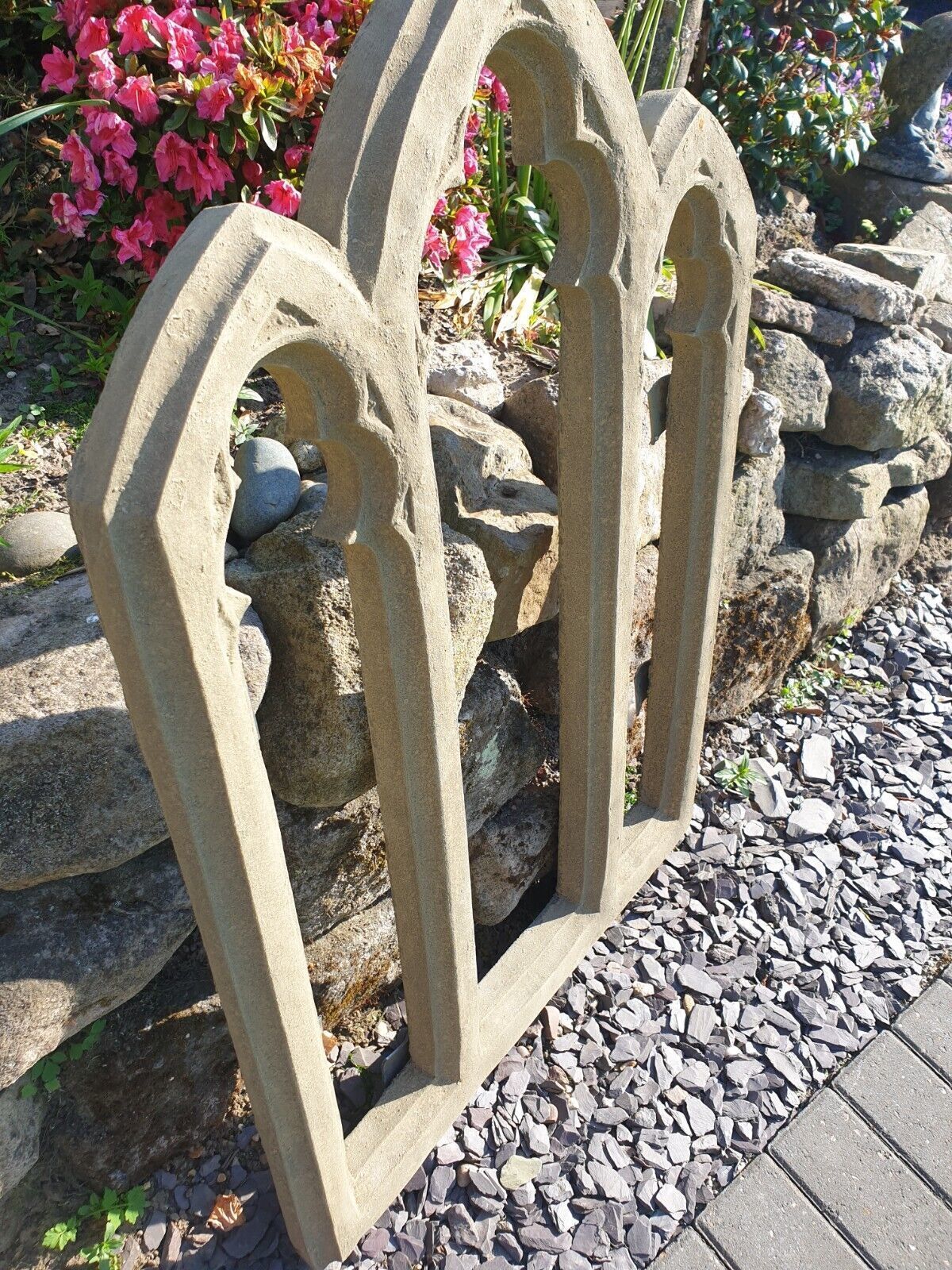 Old Church Triple Arch Window Vintage English Stone 0122. photo vintage