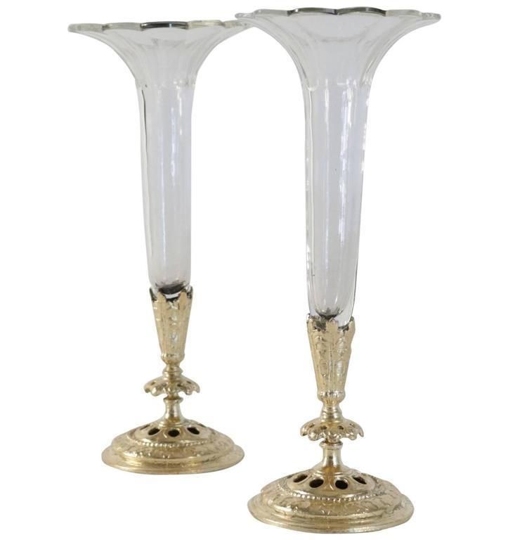 Pair Of Bud Vases, Cristal And Gold Gilt Bronze And Gold Leaf