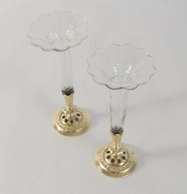 Pair Of Bud Vases, Cristal And Gold Gilt Bronze And Gold Leaf photo for sale