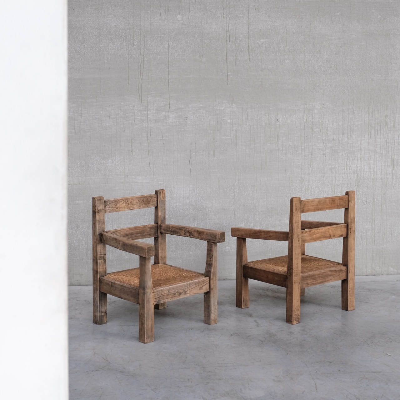 Pair Of Mid Century French Rush Primitive Oak Armchairs photo furniture