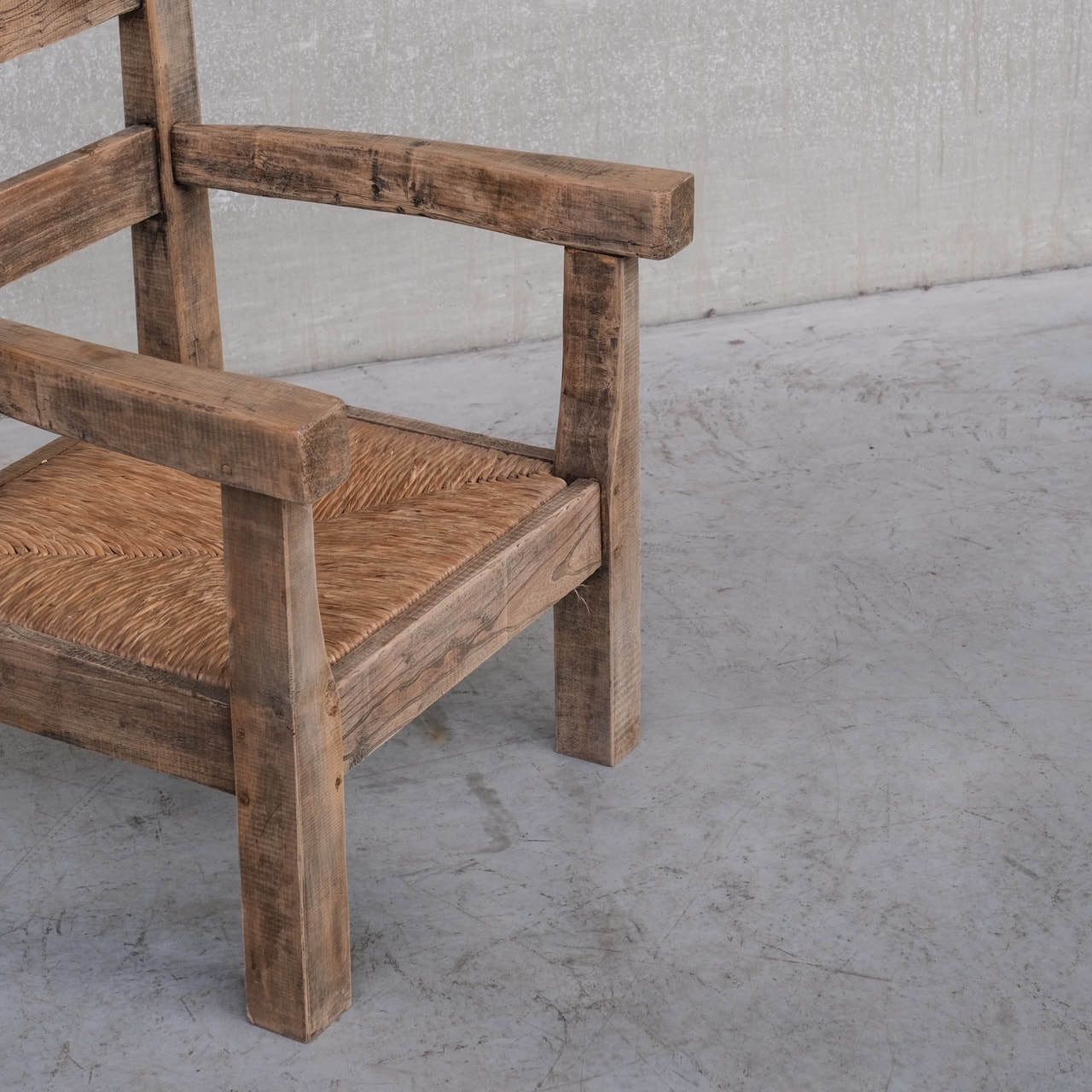 Pair Of Mid Century French Rush Primitive Oak Armchairs photo Furniture