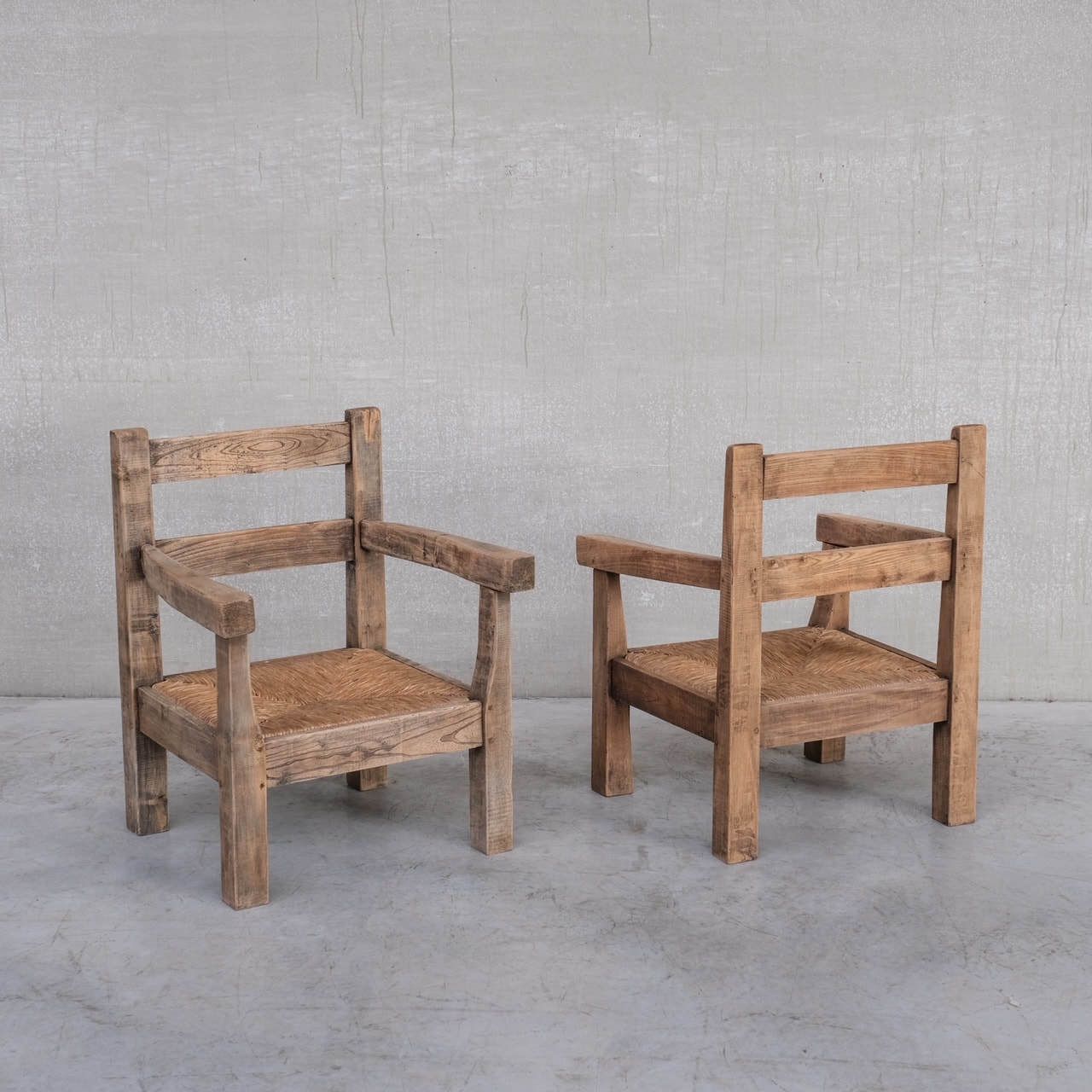 photo furniture Pair Of Mid Century French Rush Primitive Oak Armchairs