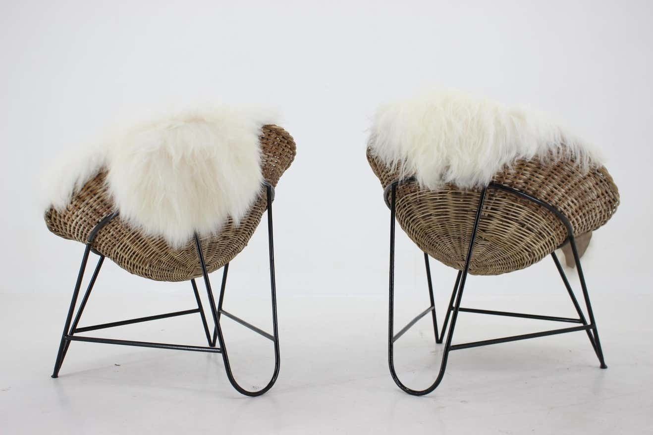 1960s Pair Of Rattan Woven Basket Chair With Icelandic Sheepskin photo for sale