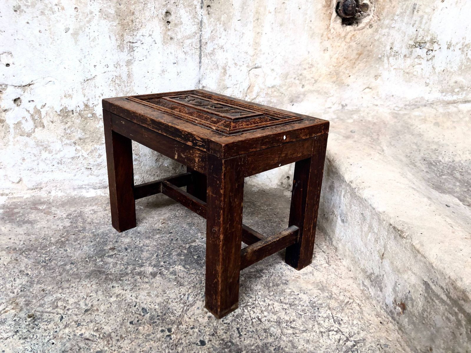 Antique Wooden Carved Foot Stool   Rustic Country Home photo buy