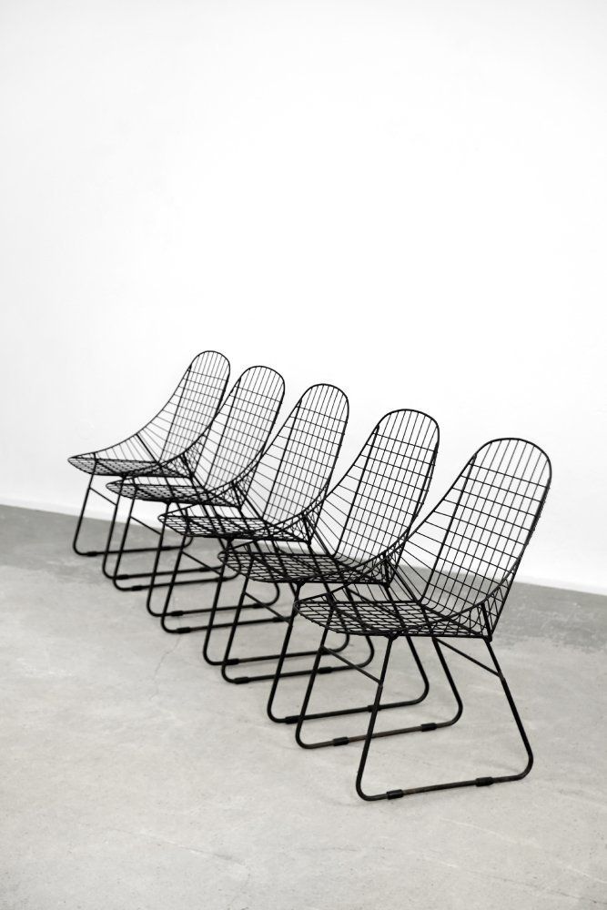 Scandinavian Mid Century Modern Minimalist Black Wire Prototype Chair, 1960s, Set Of 5 photo Furniture
