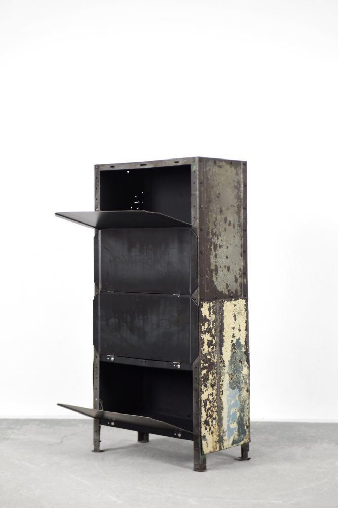 Furniture Vintage Raw Industrial Metal Factory Cabinet With Shelves, 1950s photo