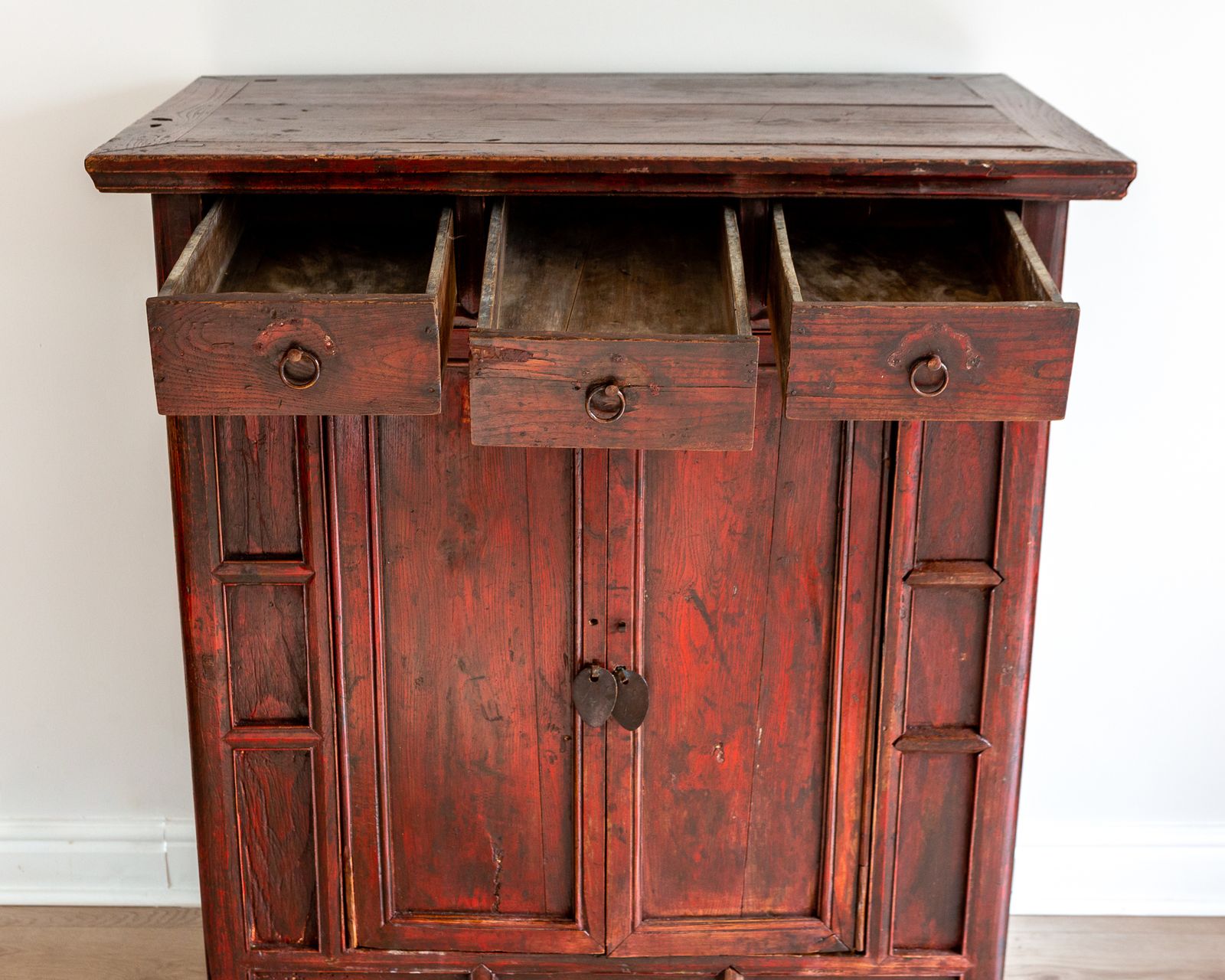Rare Late 18th Century Chinese Red Lacquered Panelled Shanxi Wedding Cabinet Oriental photo buy