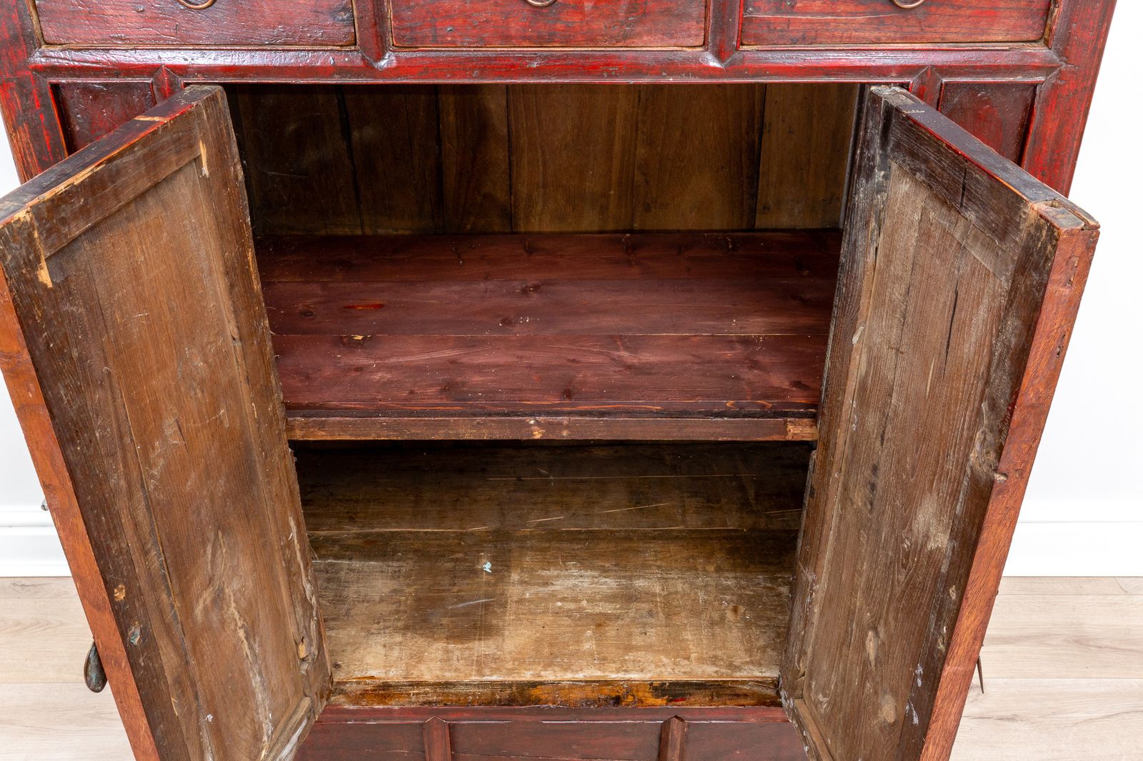 Rare Late 18th Century Chinese Red Lacquered Panelled Shanxi Wedding Cabinet Oriental photo vintage