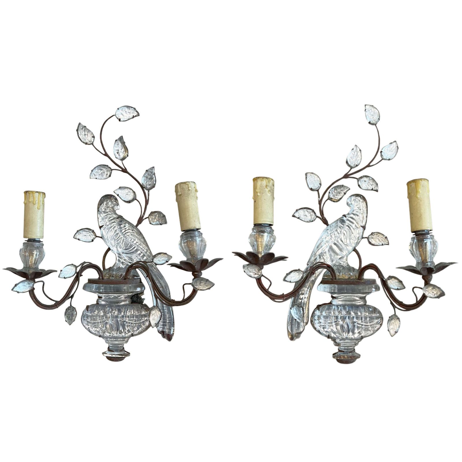 Pair Of Maison Baguès Wall Sconces With Parrot And Urn Decoration