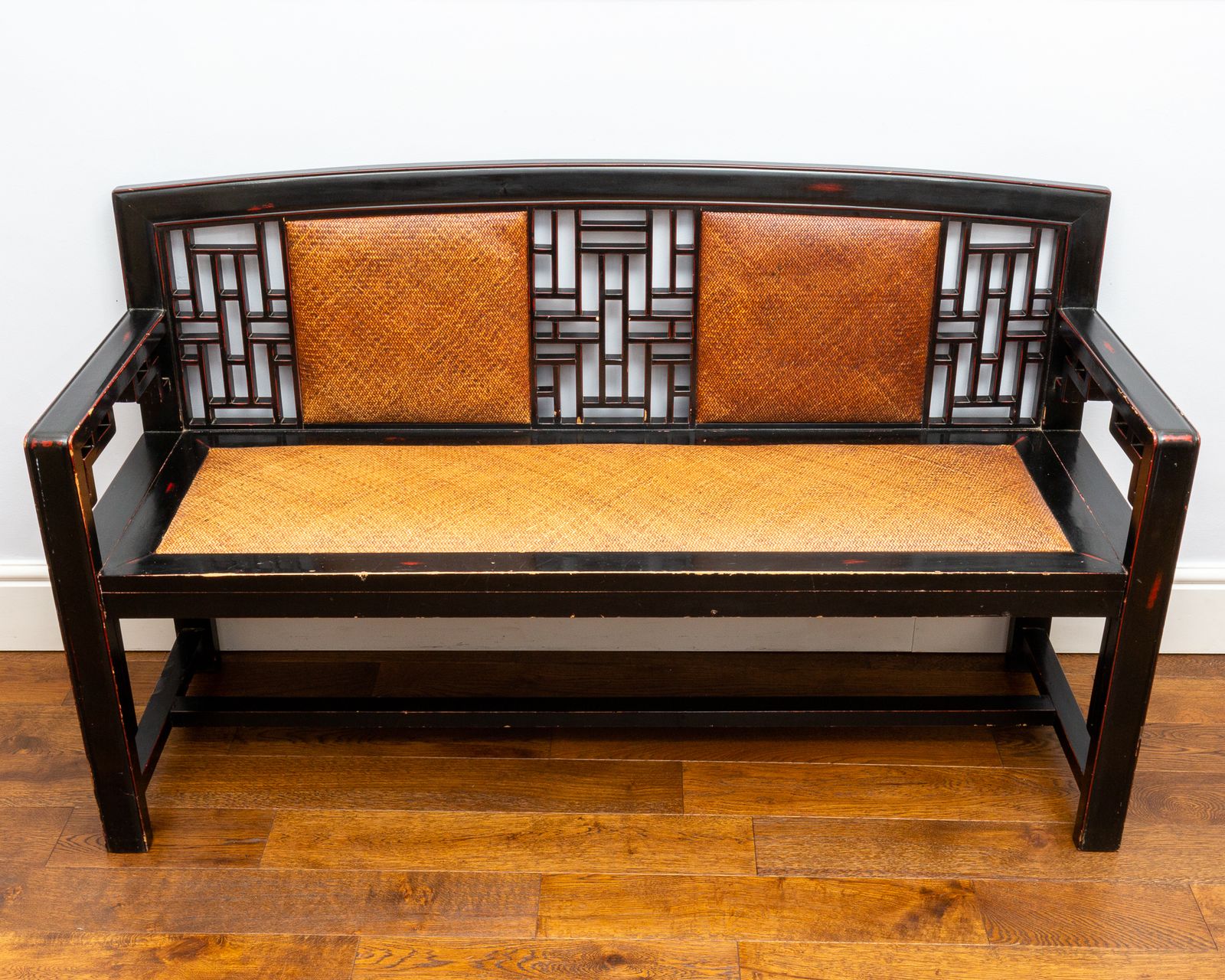 Rare Chinese Fretwork Black Lacquered Ebonised Rattan Bench Vintage Hallway Entrance Seat photo furniture