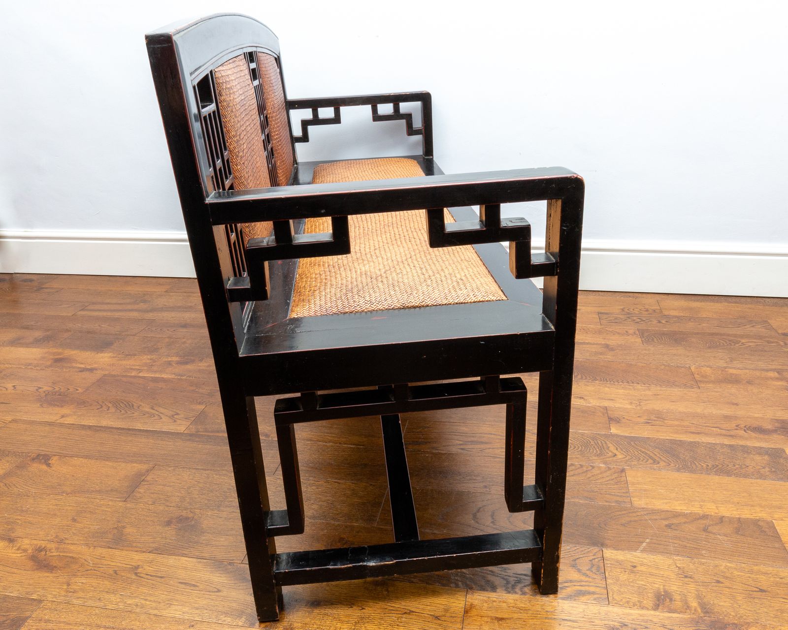 Rare Chinese Fretwork Black Lacquered Ebonised Rattan Bench Vintage Hallway Entrance Seat photo vintage