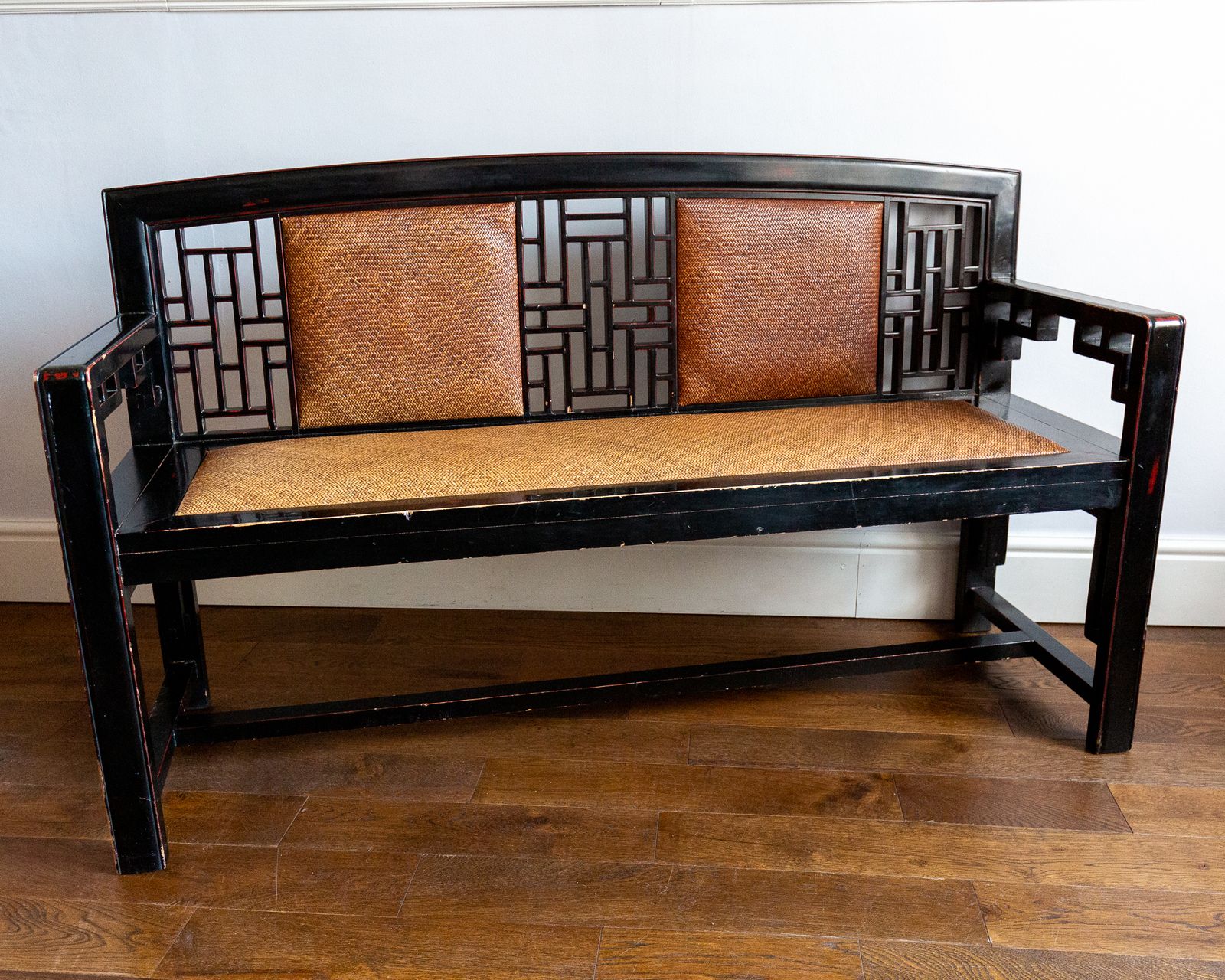 photo for sale Rare Chinese Fretwork Black Lacquered Ebonised Rattan Bench Vintage Hallway Entrance Seat
