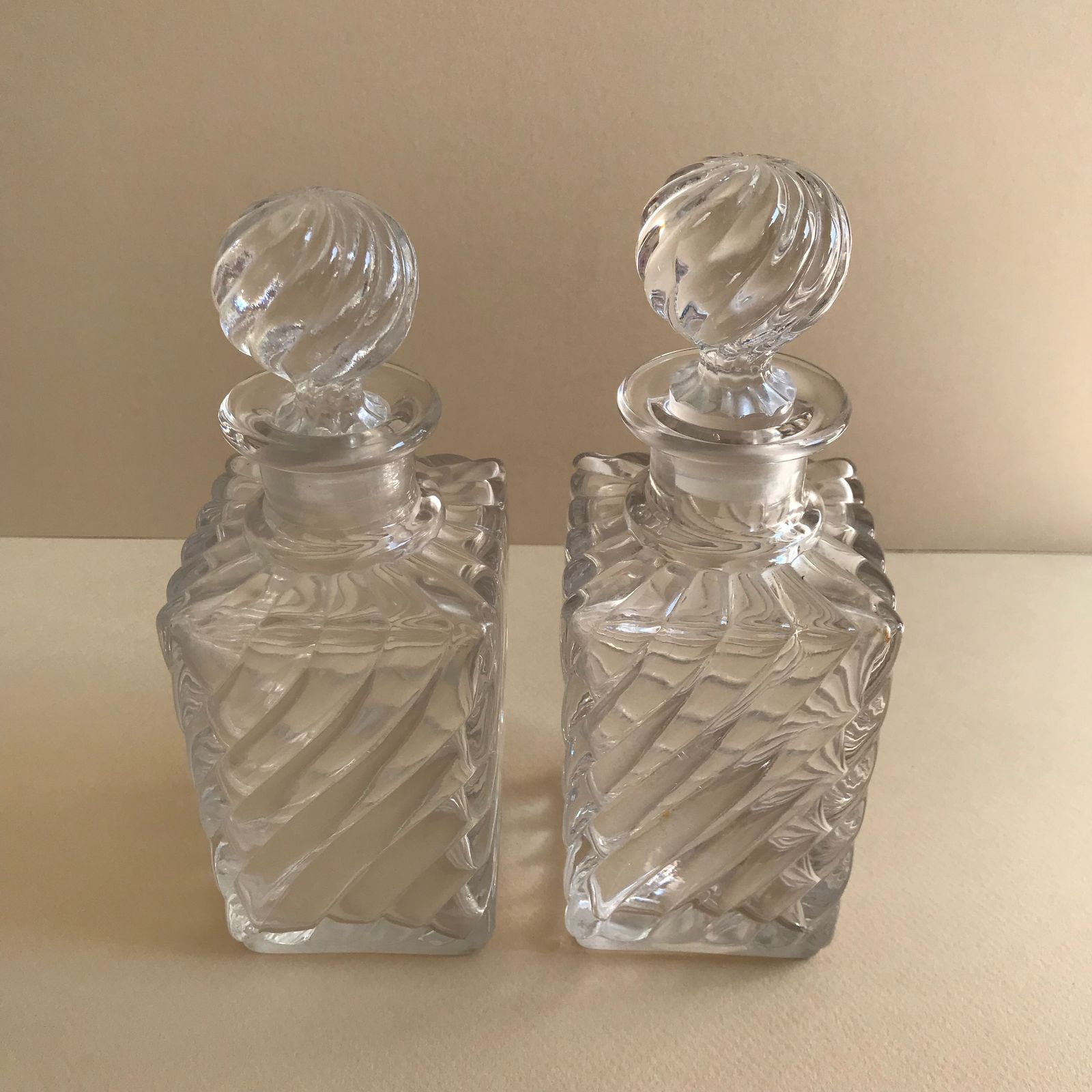 Baccarat Square Base Swirl Bamboo Design Crystal Small Decanters  Set Of 2