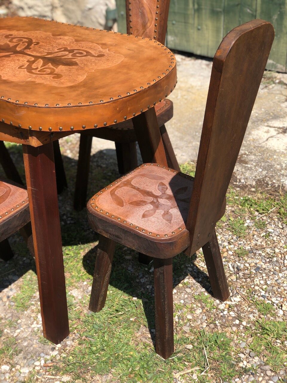 Table And 4 Brutalism Oak And Leather Chairs 1960 photo 766.0