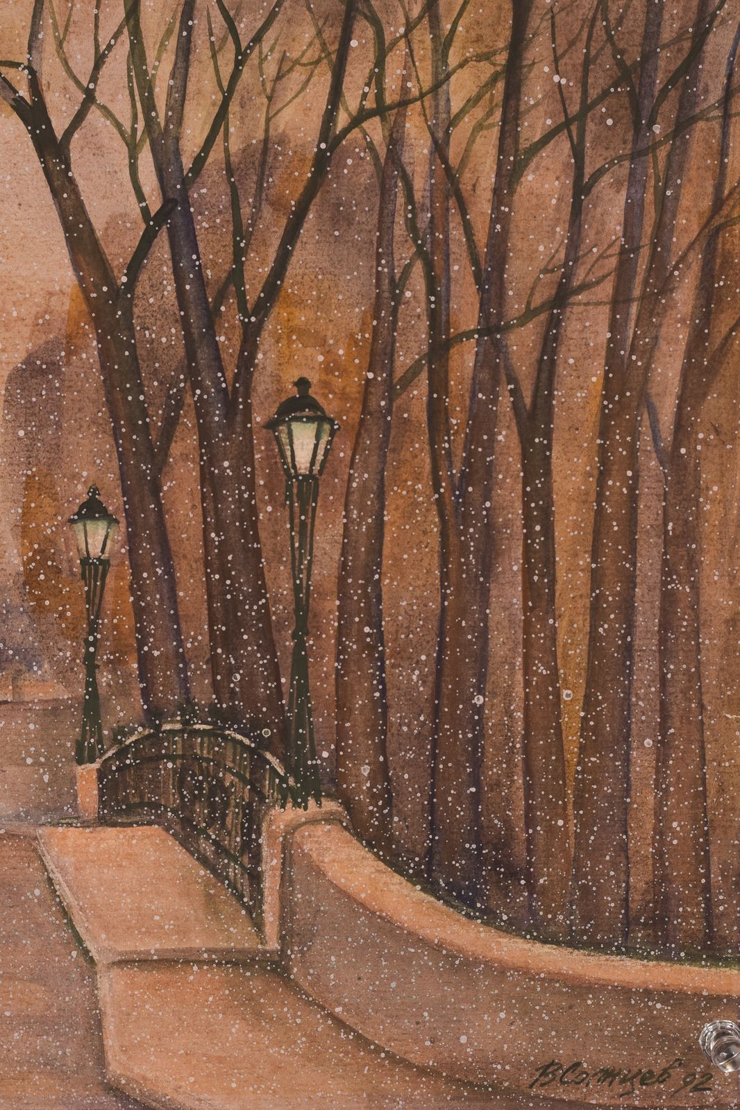 Aquarel Stad Met Sneeuw, Eind 20e Eeuw photo Kunst
