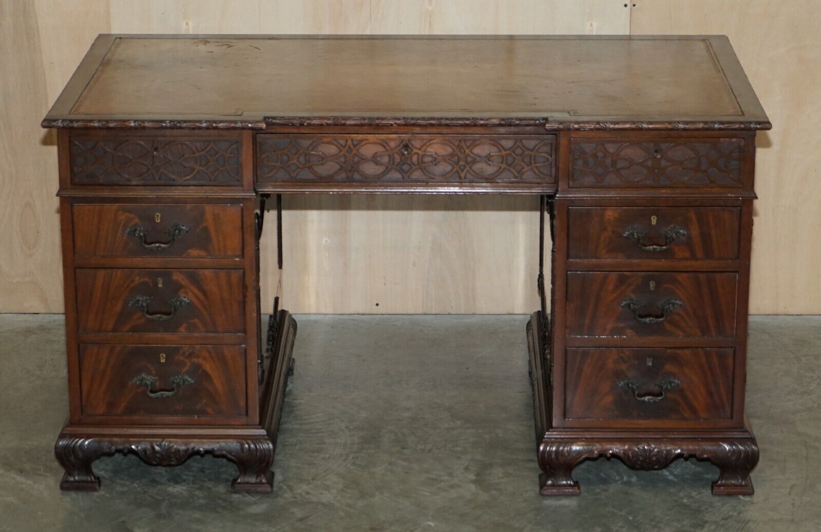 Antique Thomas Chippendale Revival Inverted Breakfront Partner Desk Leather Top photo furniture