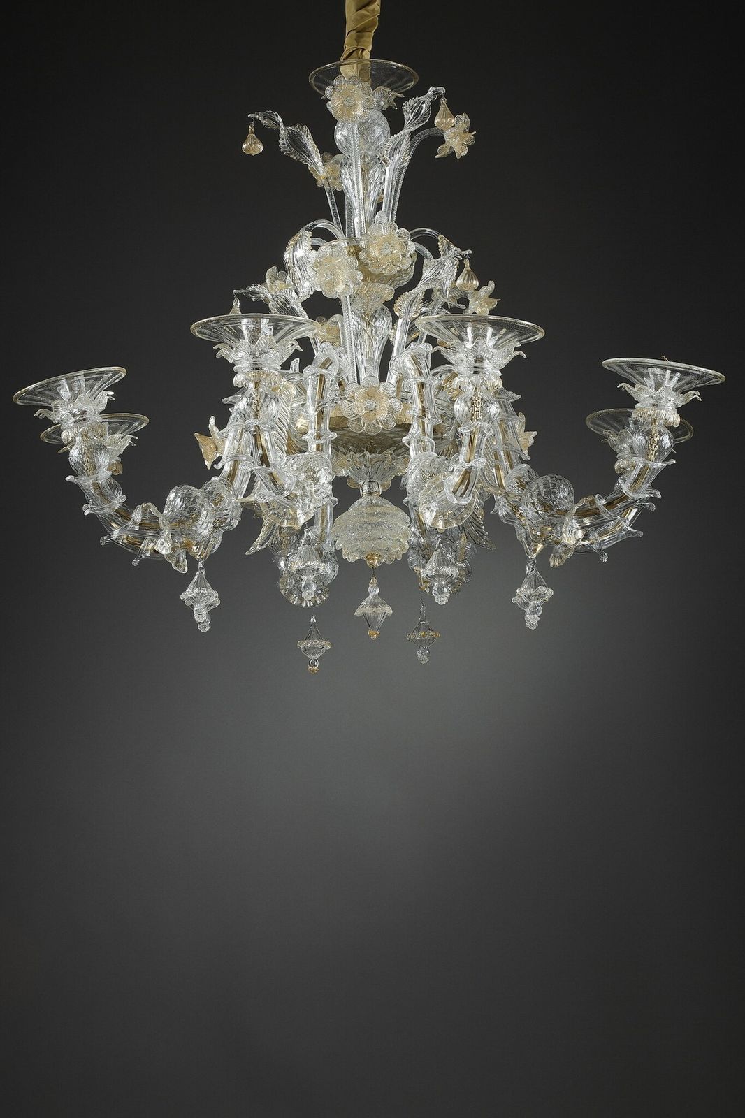 Large Murano Glass Chandelier With Eight Arms Of Light Decorated With Gold photo for sale