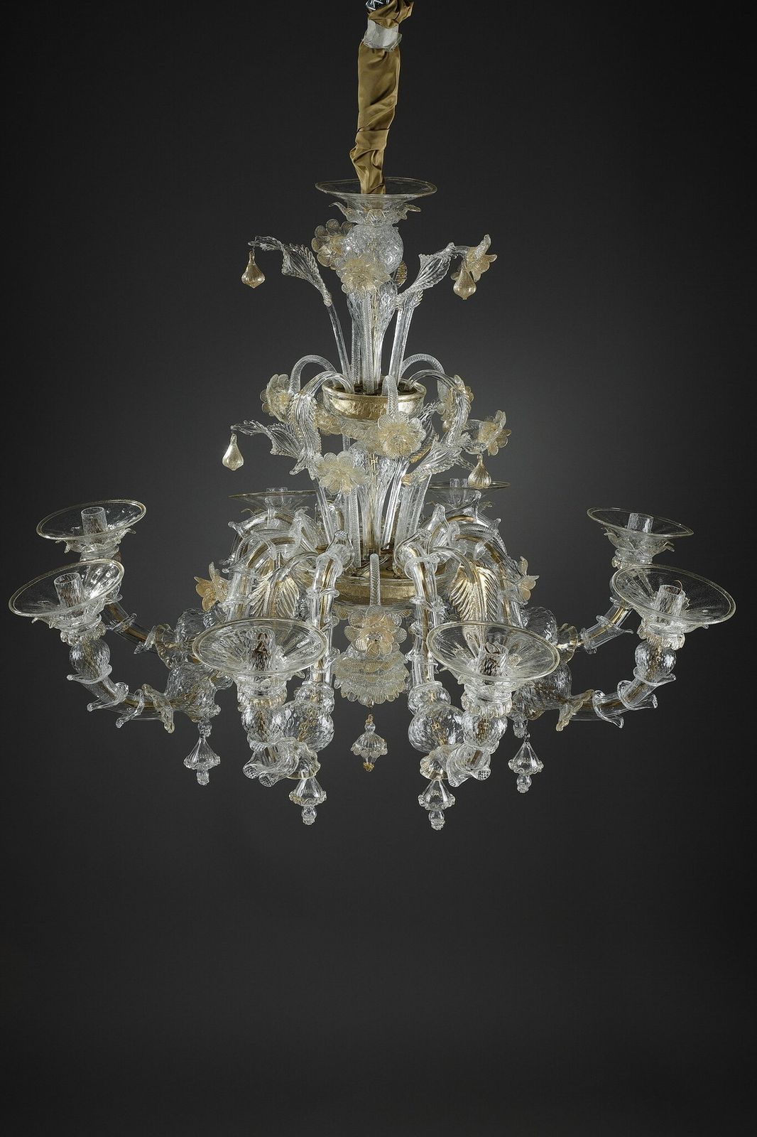 Large Murano Glass Chandelier With Eight Arms Of Light Decorated With Gold photo Lighting