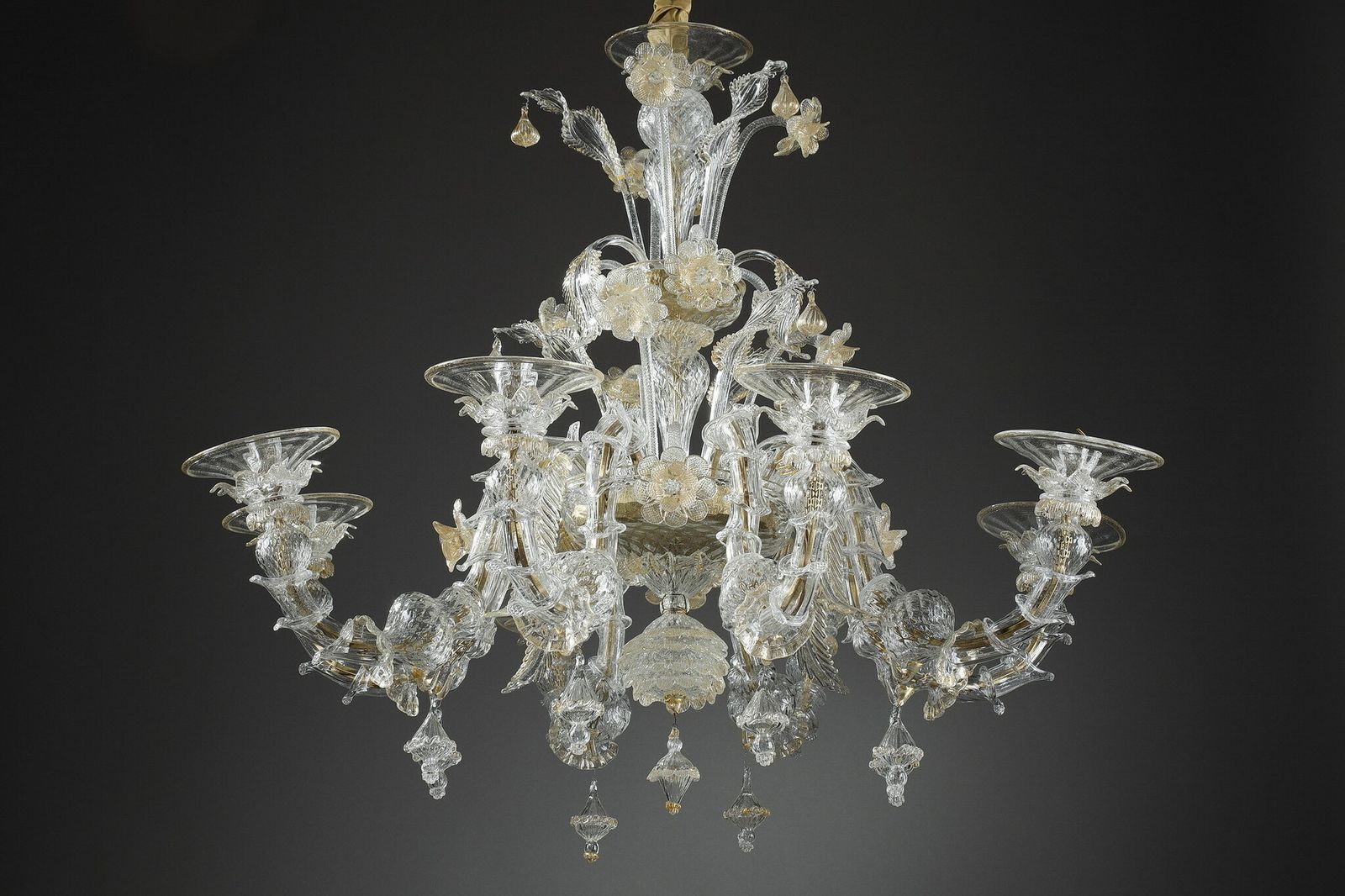 Large Murano Glass Chandelier With Eight Arms Of Light Decorated With Gold photo vintage