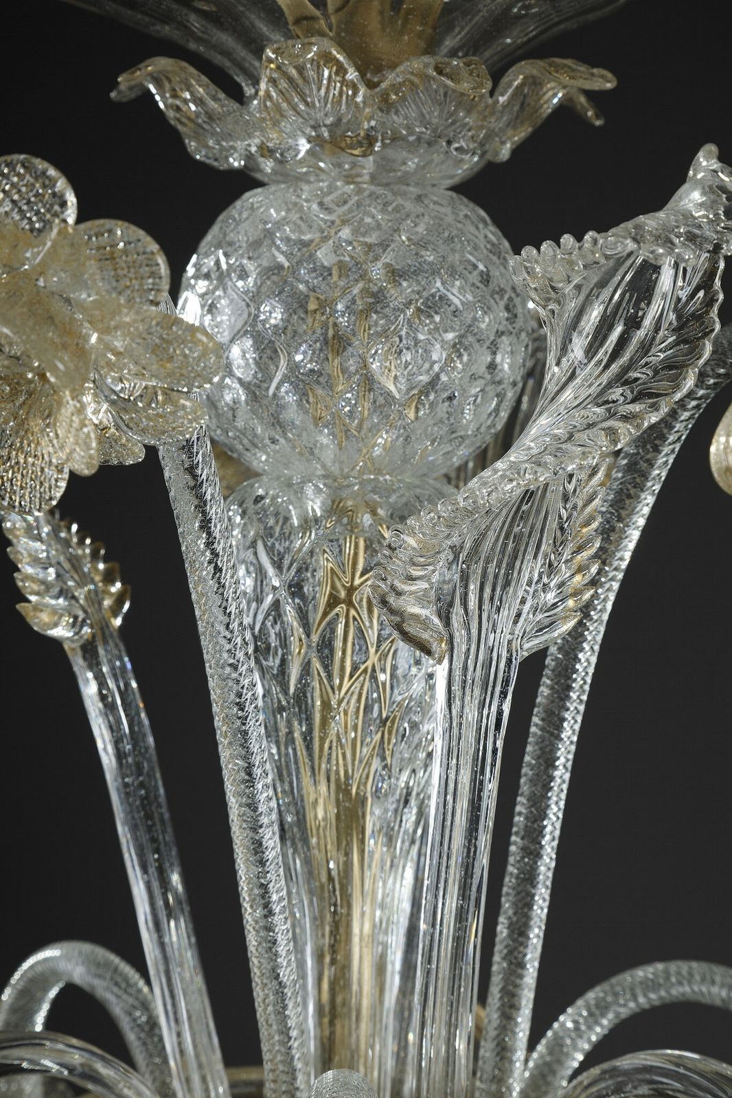 Lighting Large Murano Glass Chandelier With Eight Arms Of Light Decorated With Gold photo