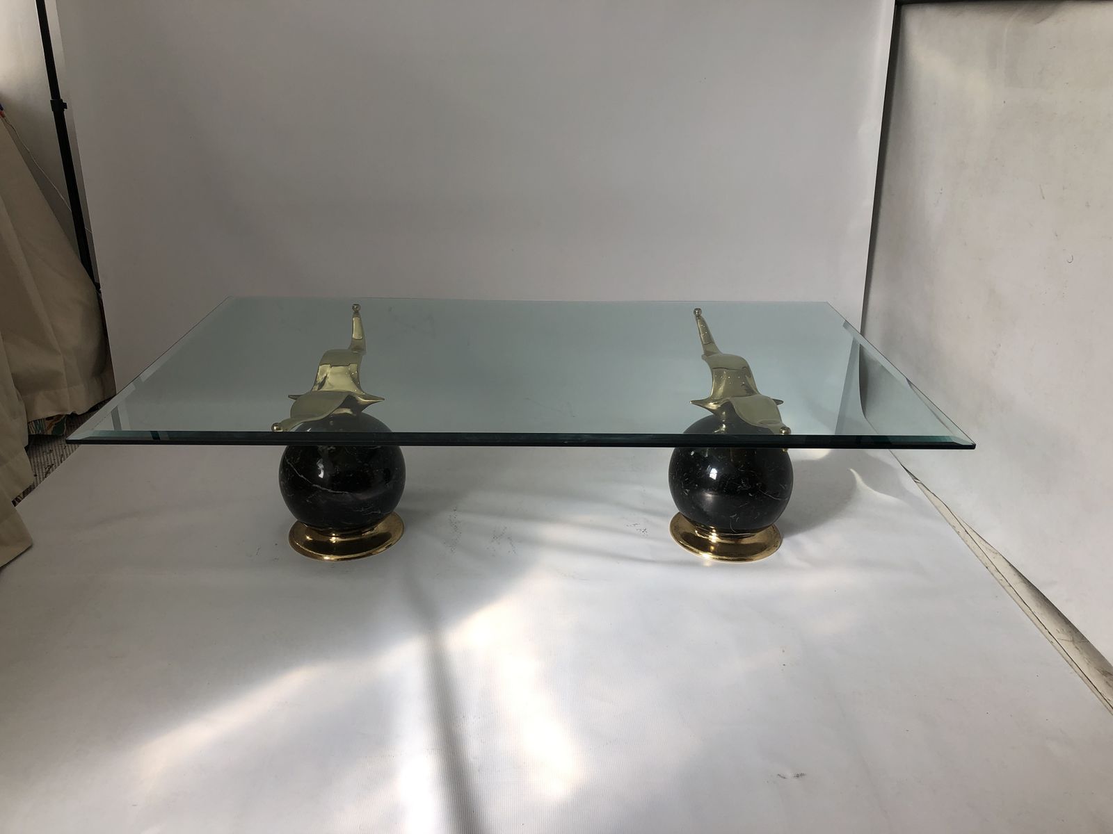 Hollywood Regency Marble Brass Birds Glass Coffee Table 1970s Gold 80s Albatross photo 3150.0