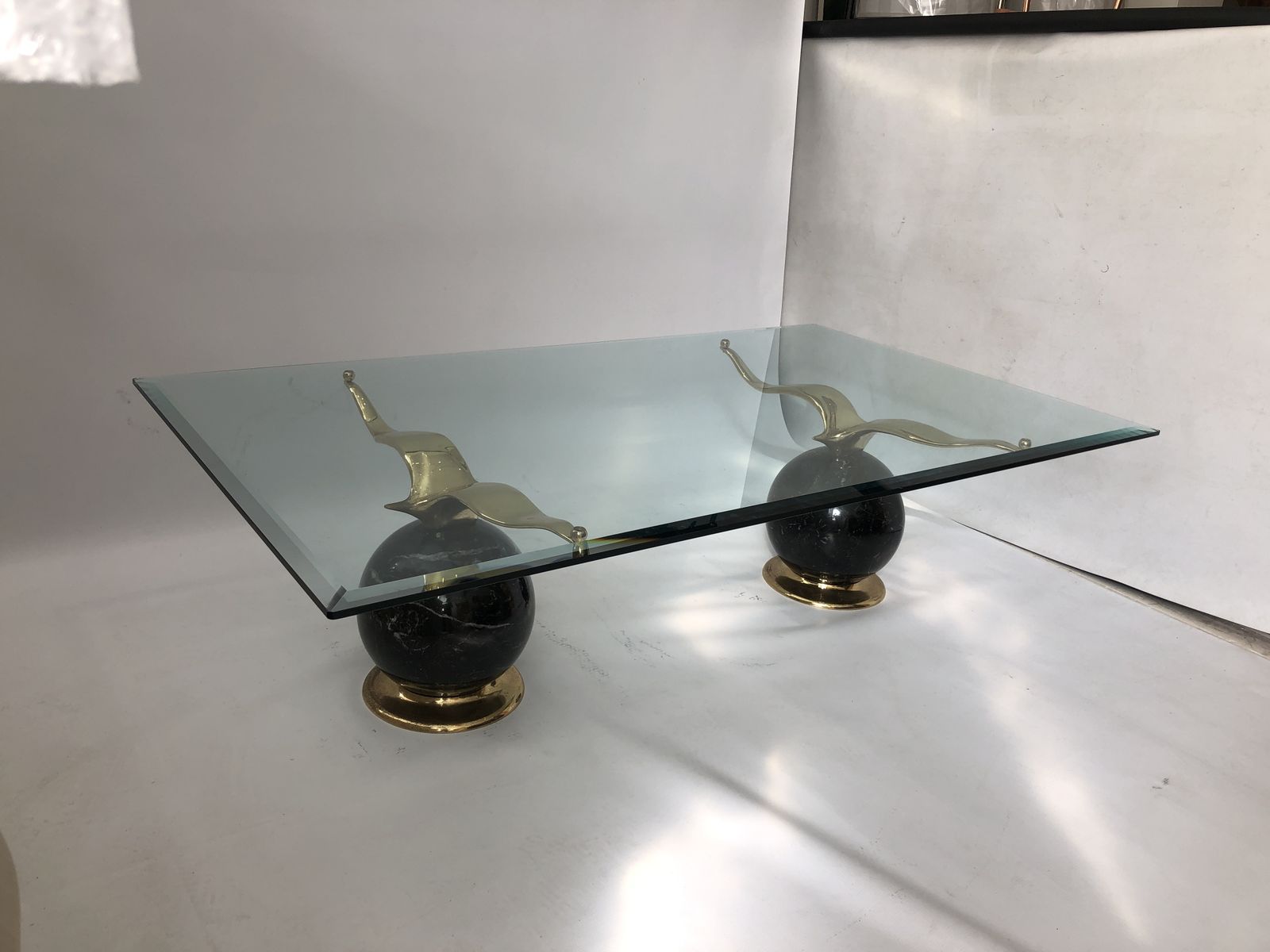 Hollywood Regency Marble Brass Birds Glass Coffee Table 1970s Gold 80s Albatross