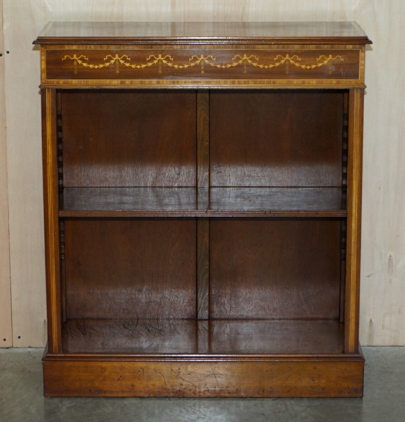 Brights Of Nettlebed Sheraton Burr Elm Walnut Inlay Dwarf Library Open Bookcase photo furniture