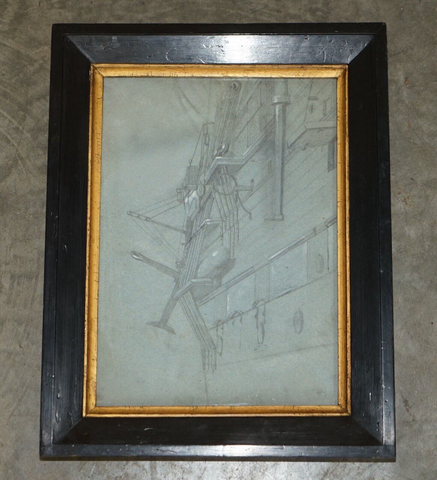 Very Fine Circa 1850 French School Study Of The Side Of A Ship In Chalk On Paper
