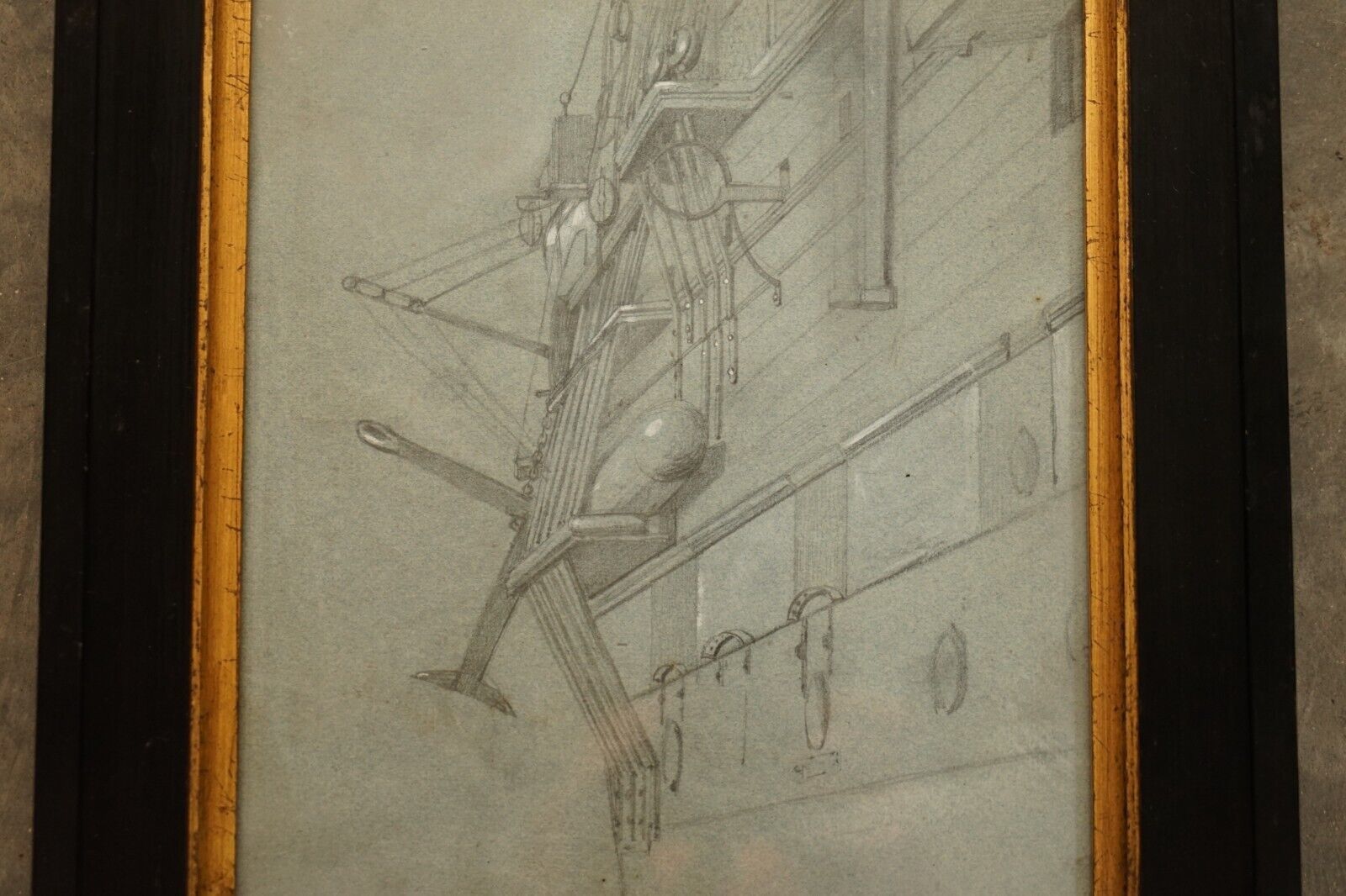 Very Fine Circa 1850 French School Study Of The Side Of A Ship In Chalk On Paper photo for sale