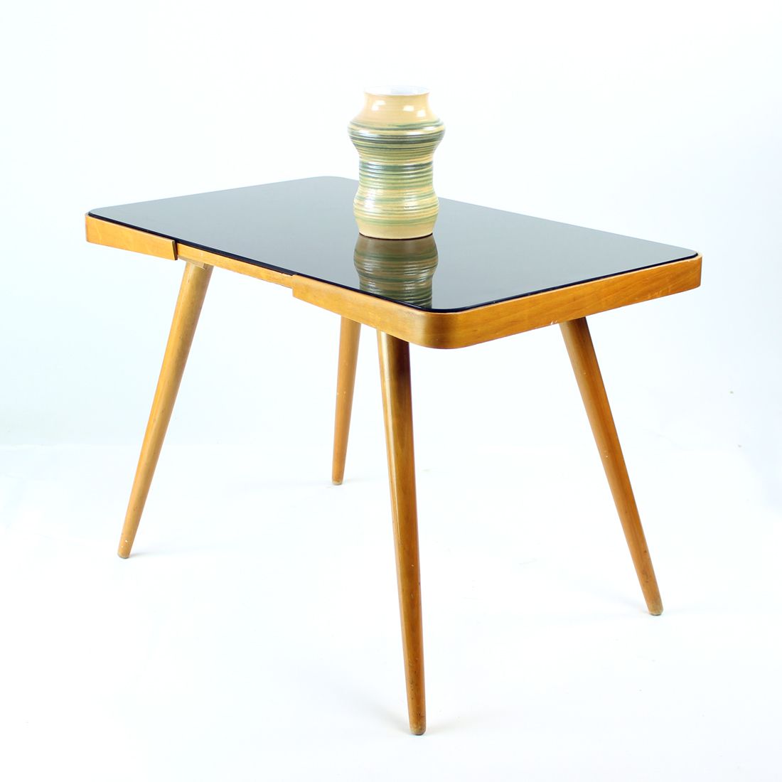 Mid Century Coffee Table In Oak & Black Glass, Czechoslovakia 1960s photo buy
