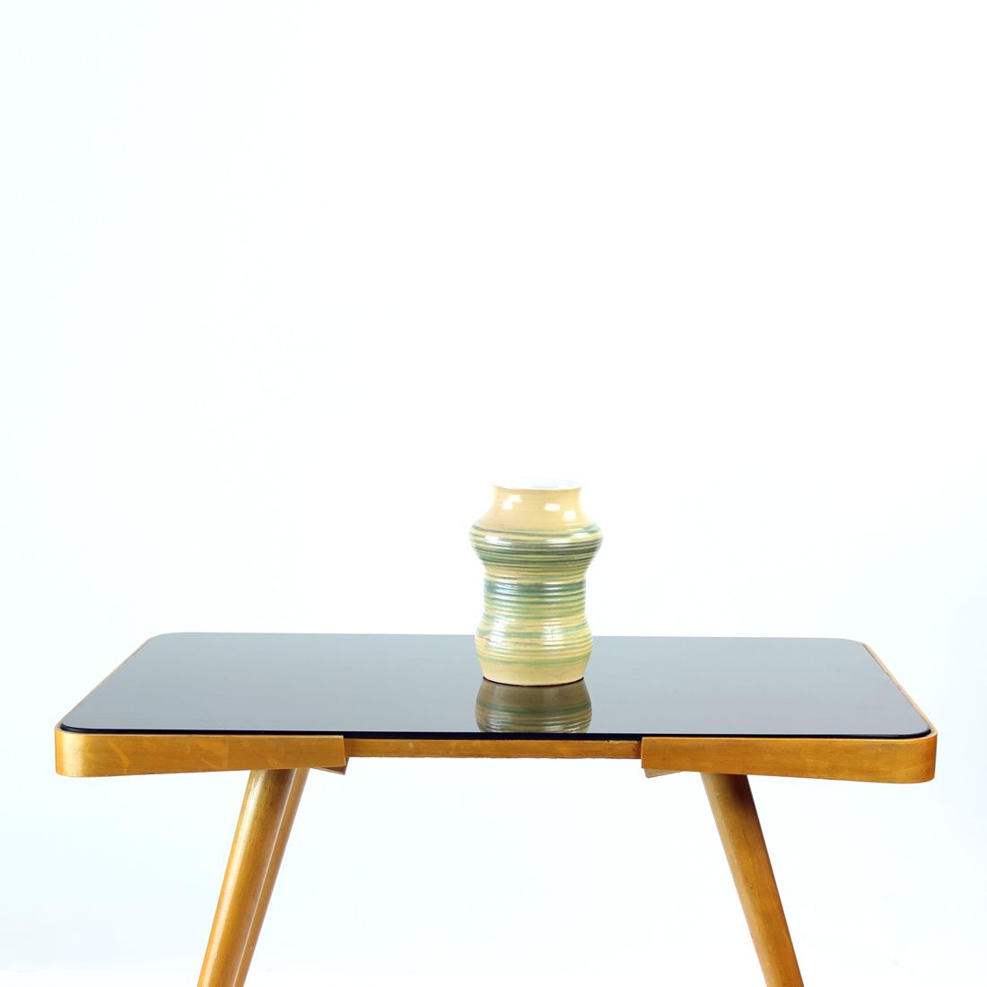 Furniture Mid Century Coffee Table In Oak & Black Glass, Czechoslovakia 1960s photo