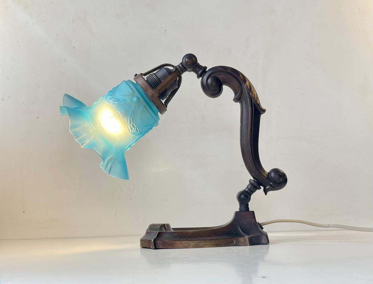 Antique Piano Or Table Lamp In Bronze & Blue Glass, 1920s photo for sale