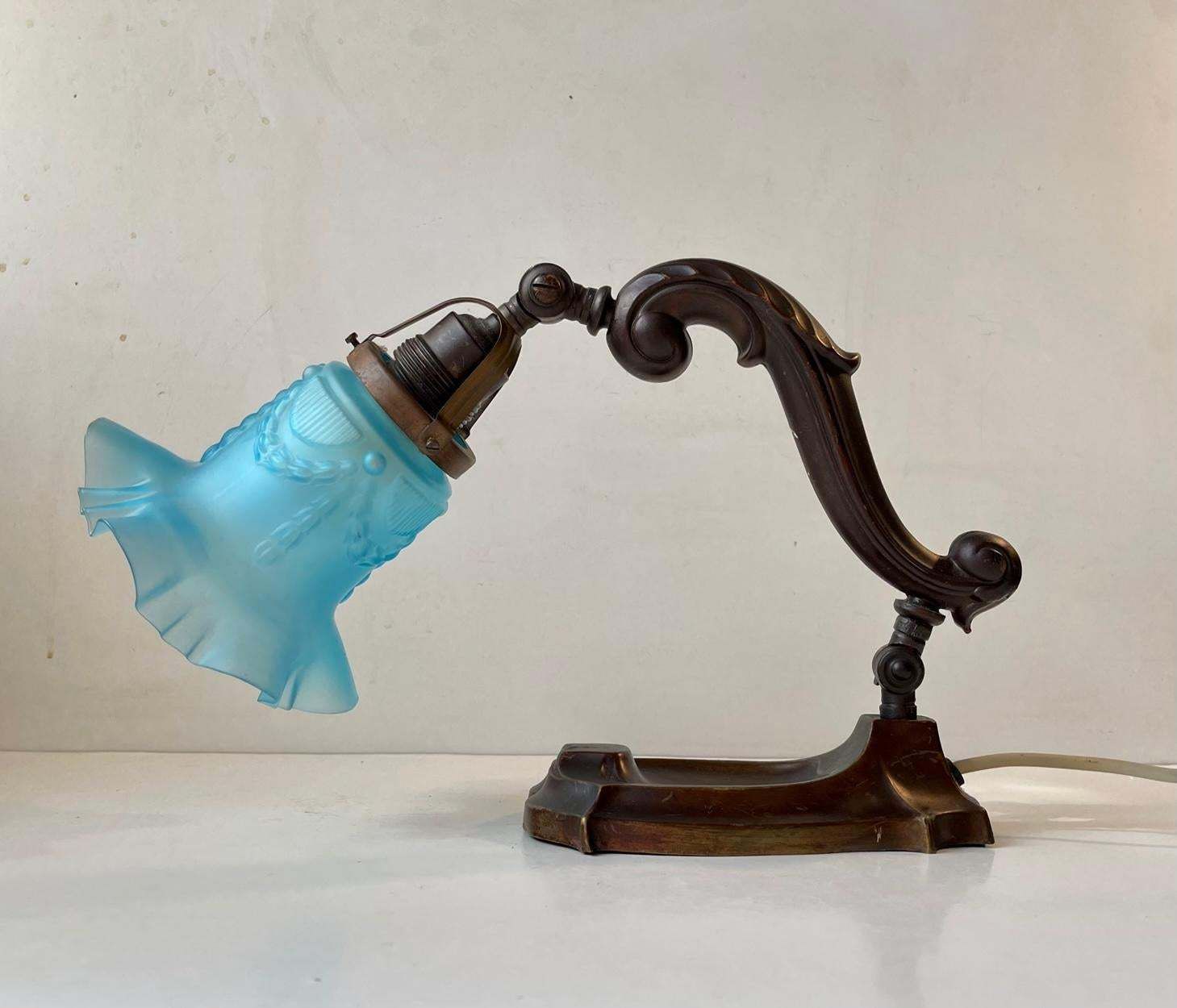 Antique Piano Or Table Lamp In Bronze & Blue Glass, 1920s photo 756.0