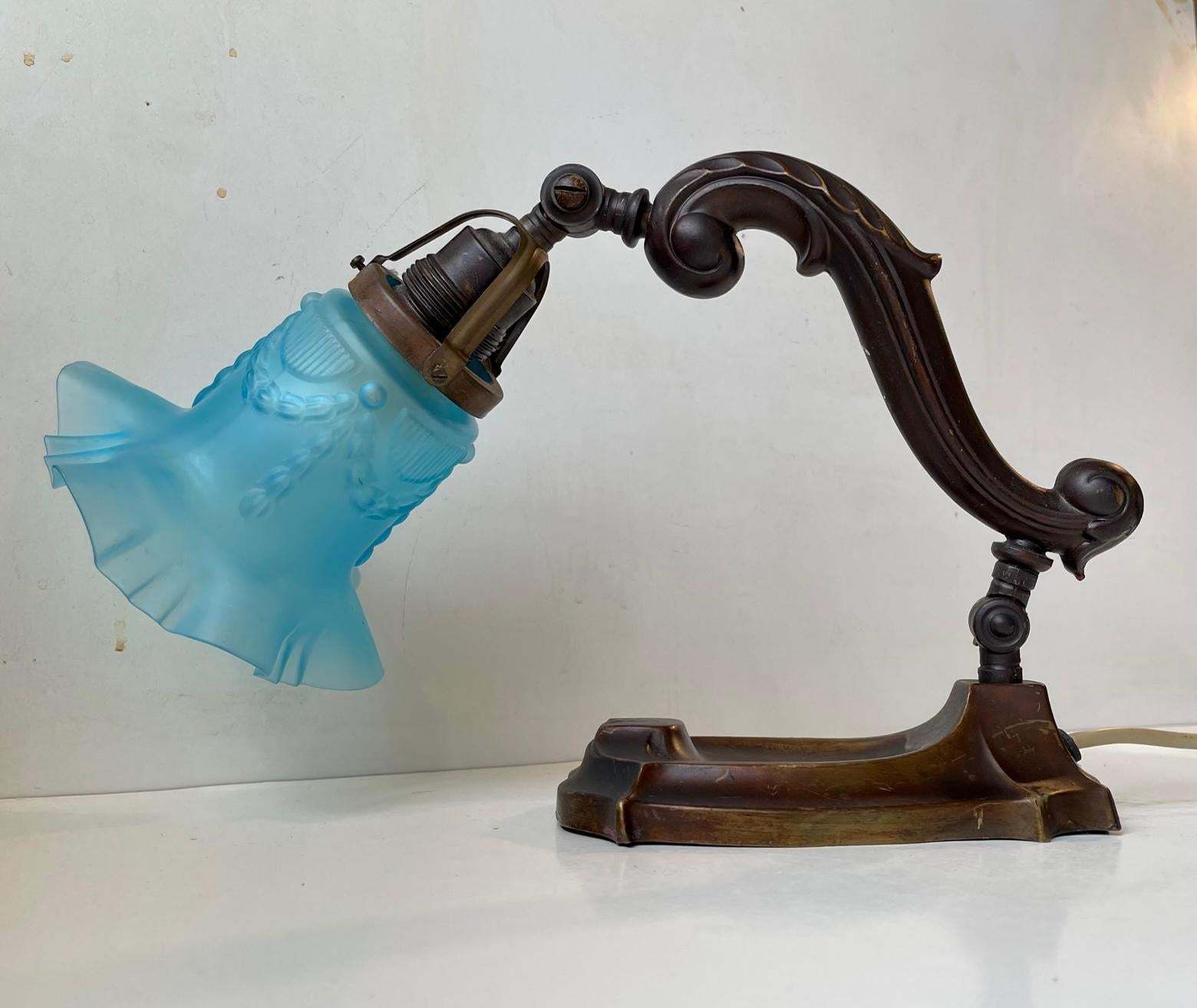 photo furniture Antique Piano Or Table Lamp In Bronze & Blue Glass, 1920s